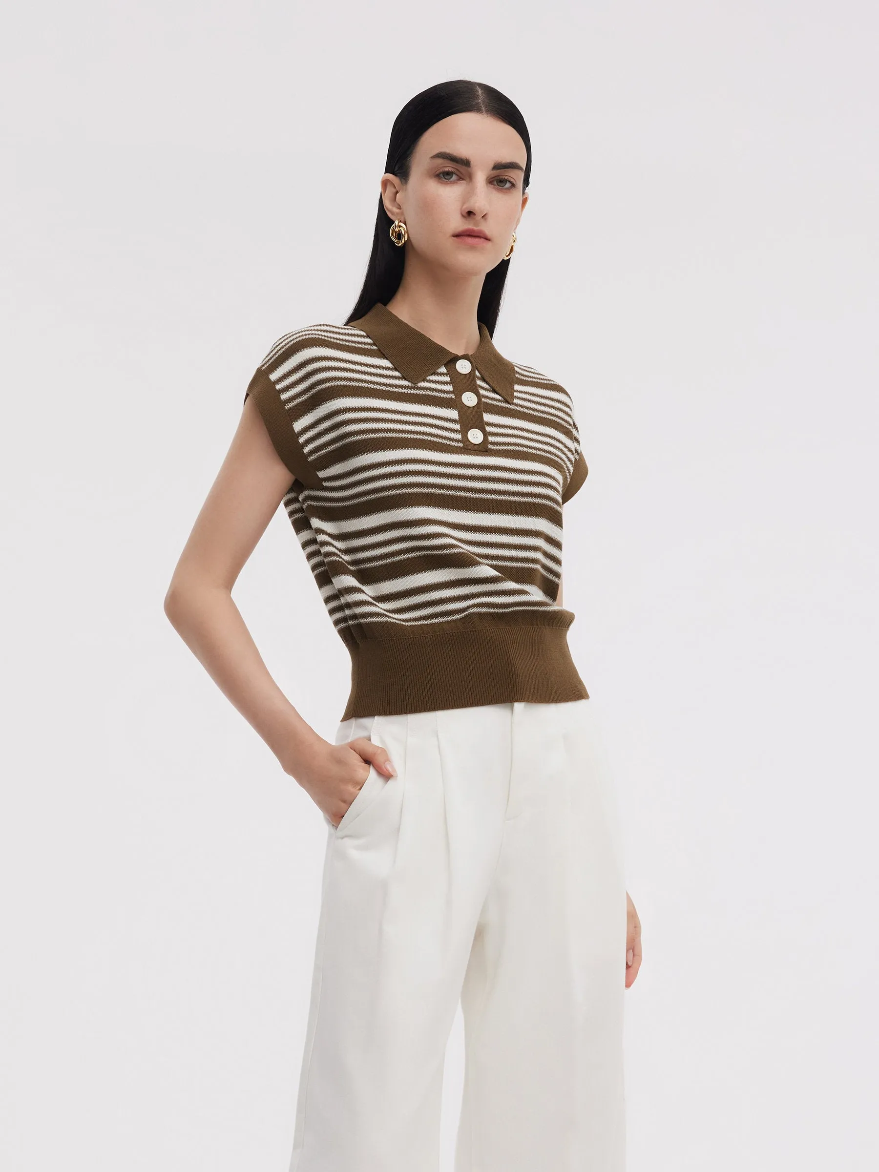 Tencel Blend Polo Collar Stripe Women Cap Sleeve Knit Tank Top sold by Goelia product image thumbnail 5