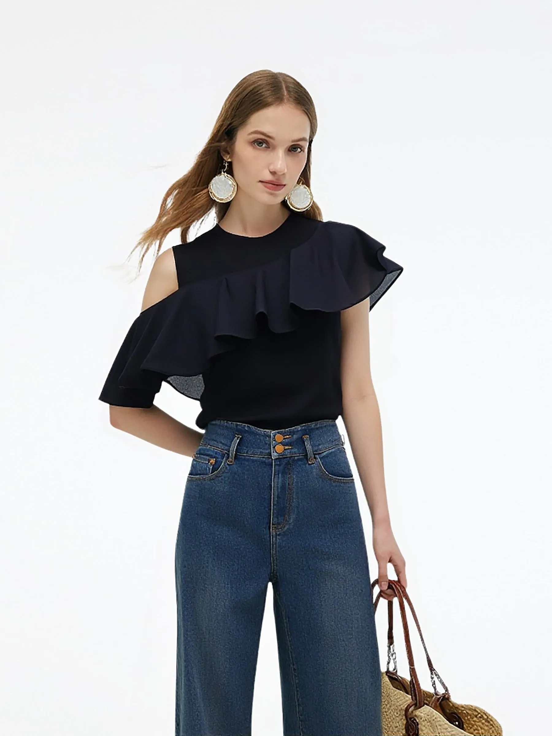 Tencel Blend Slant Ruffle Women Off-Shoulder Knit Top sold by Goelia