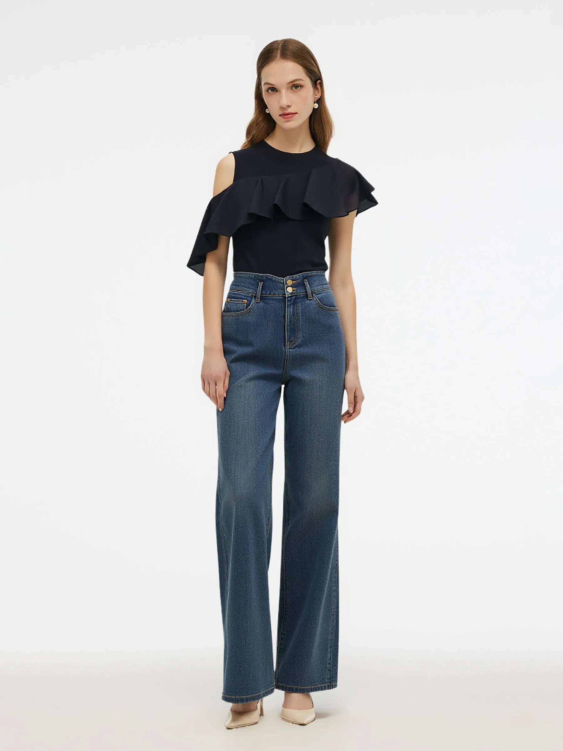 Tencel Blend Slant Ruffle Women Off-Shoulder Knit Top sold by Goelia product image thumbnail 2