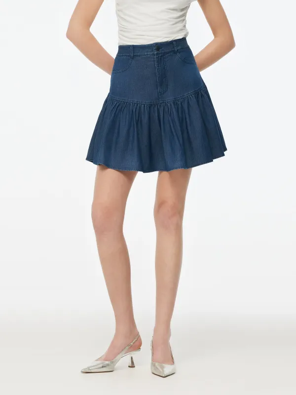 Denim Stretch Women Ruffle Mini Skirt made by Goelia