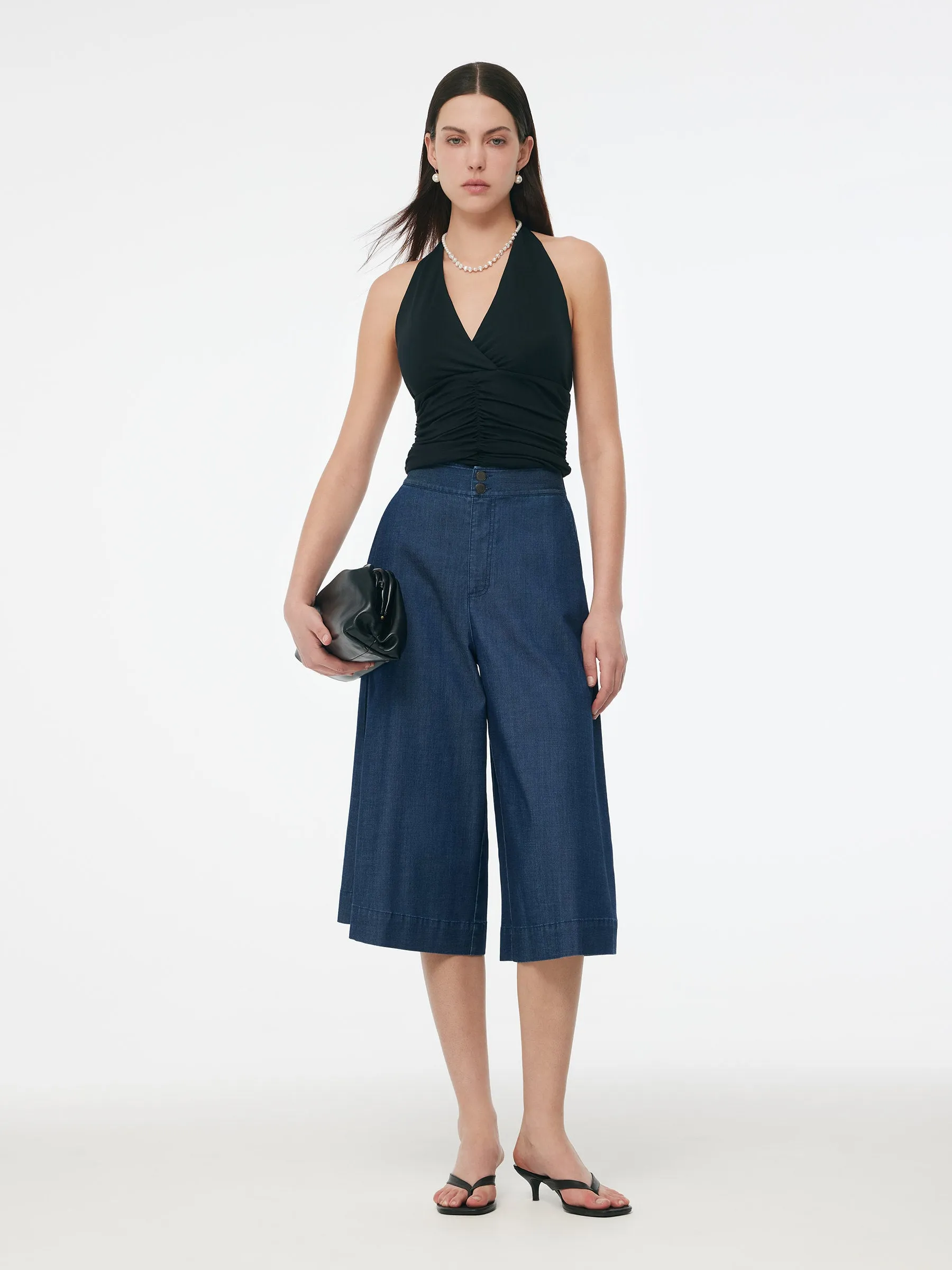 Denim High Waisted Women Wide Leg Cropped Culottes sold by Goelia product image thumbnail 2