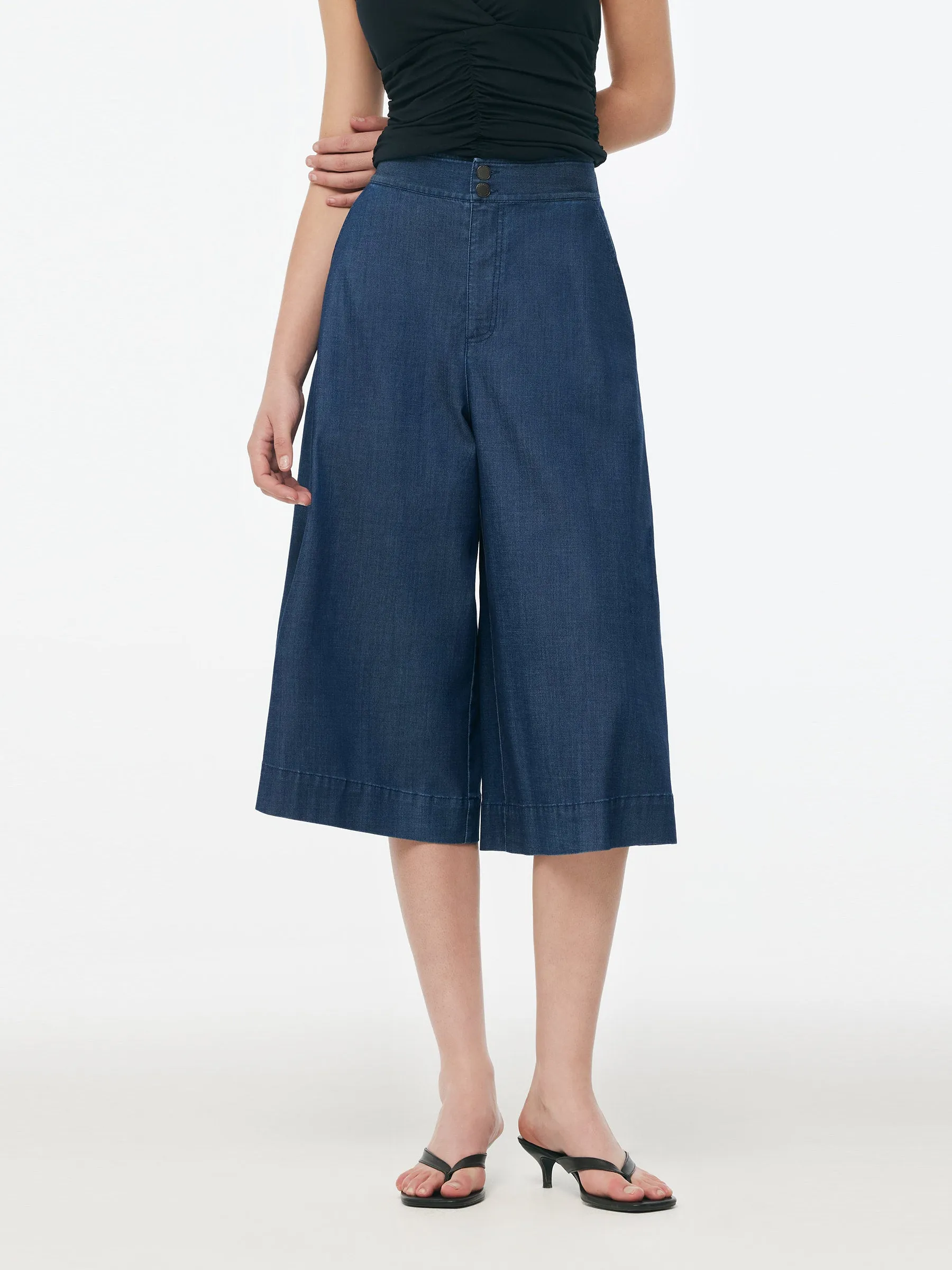 Denim High Waisted Women Wide Leg Cropped Culottes sold by Goelia