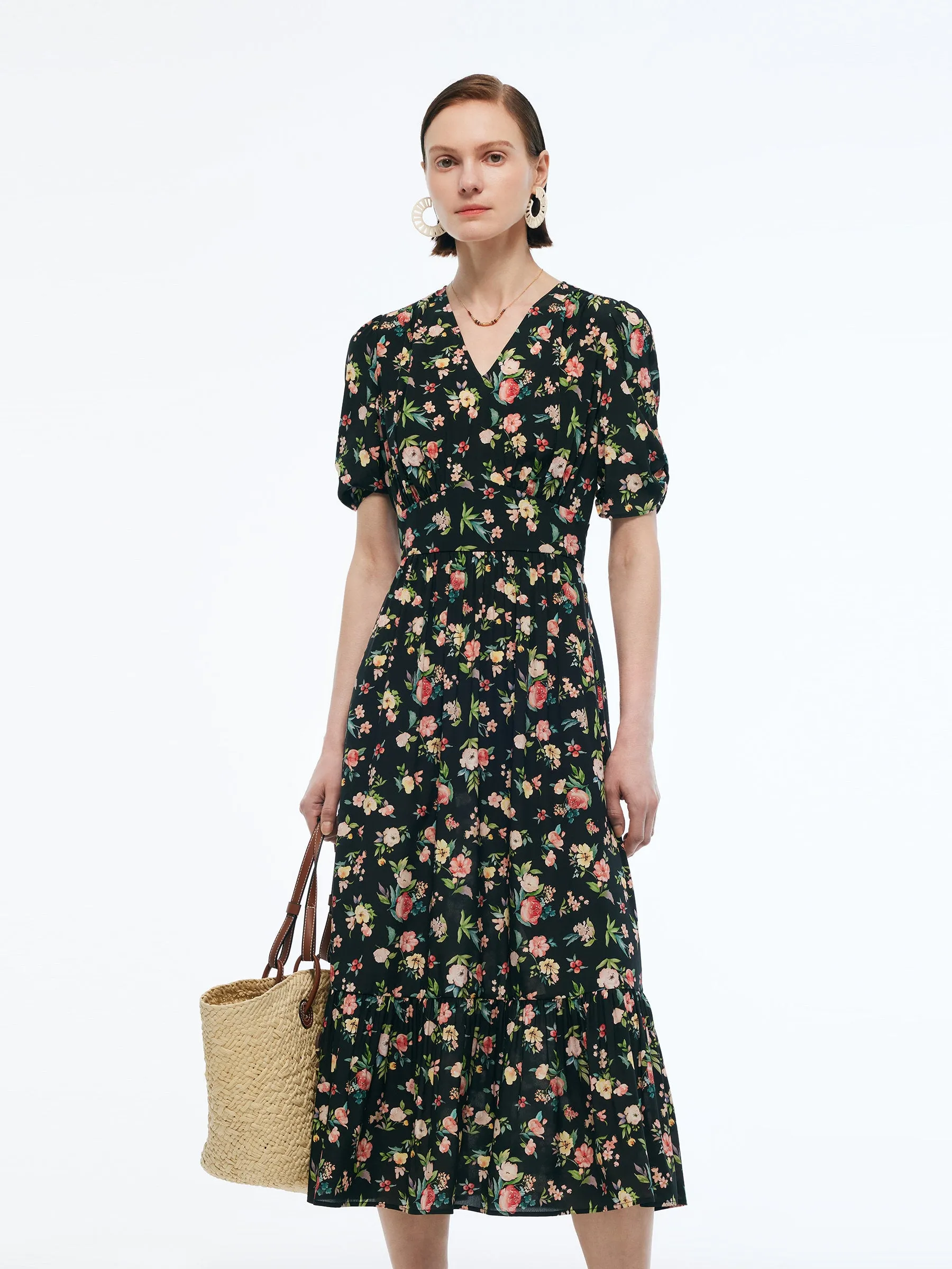 16MM Mulberry Silk Floral Print Women Puff Sleeve Maxi Dress sold by Goelia