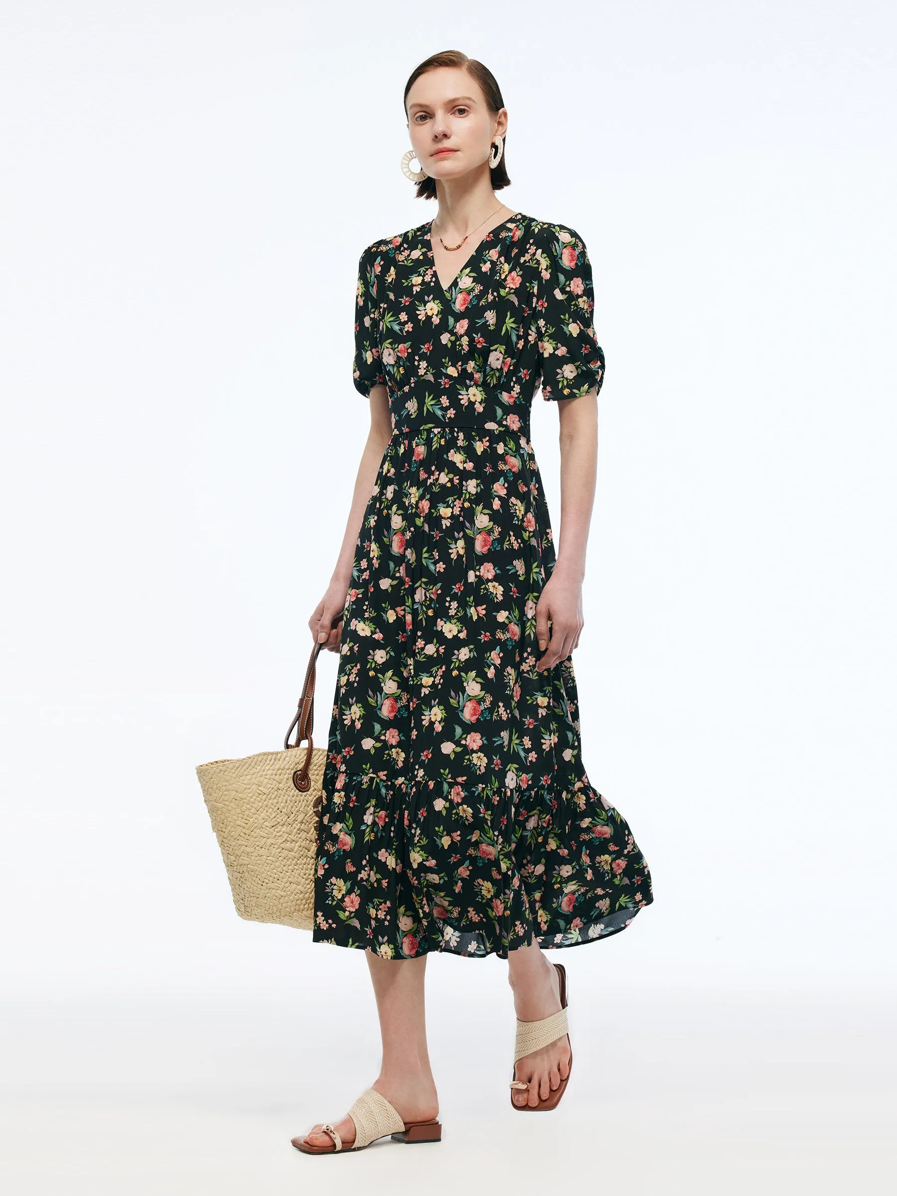 16MM Mulberry Silk Floral Print Women Puff Sleeve Maxi Dress sold by Goelia product image thumbnail 2