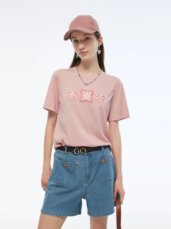 Floral Print Round Neck Women T-Shirt made by Goelia