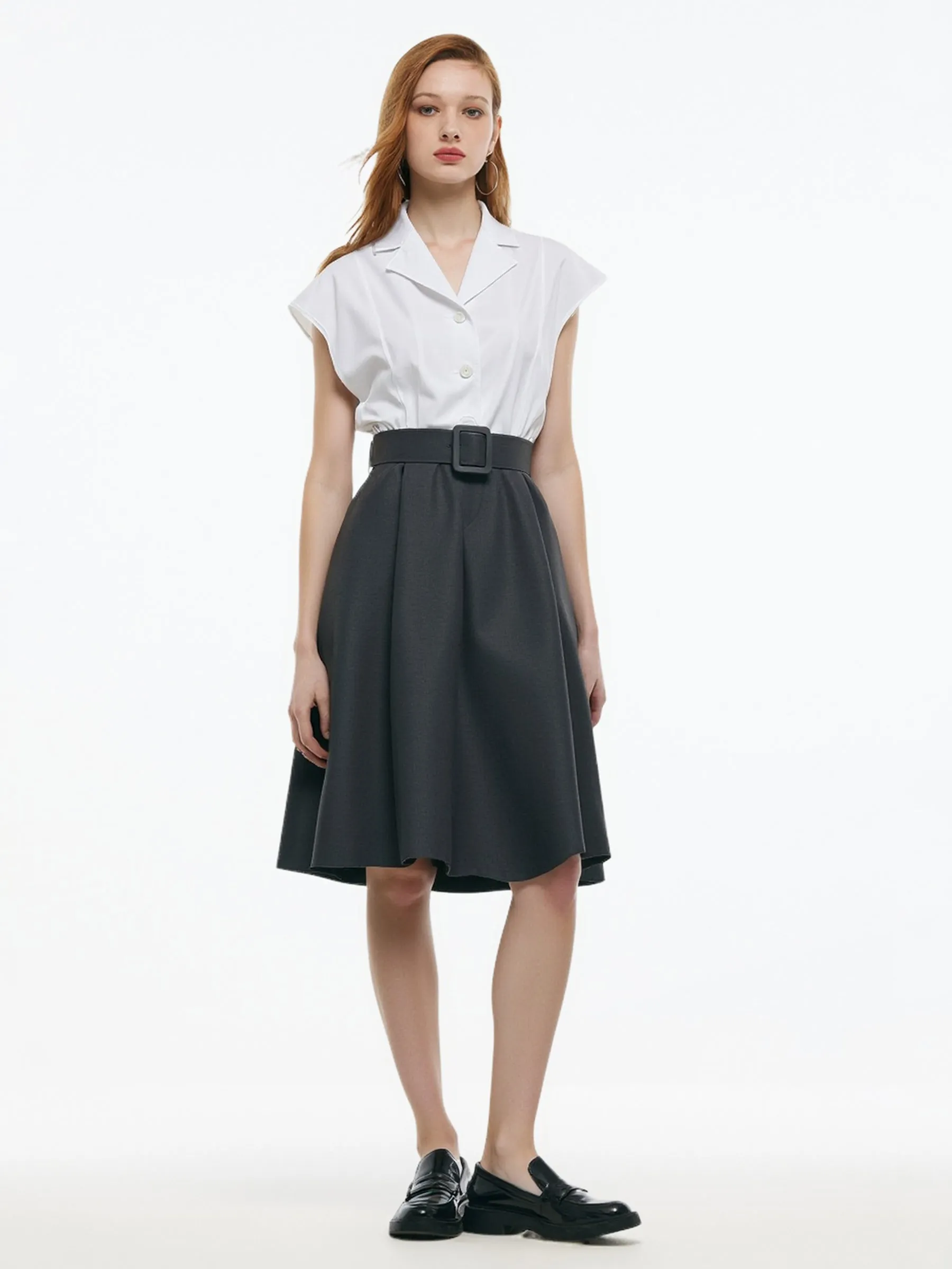 Faux Two-Piece Women Midi Shirt Dress With Belt sold by Goelia