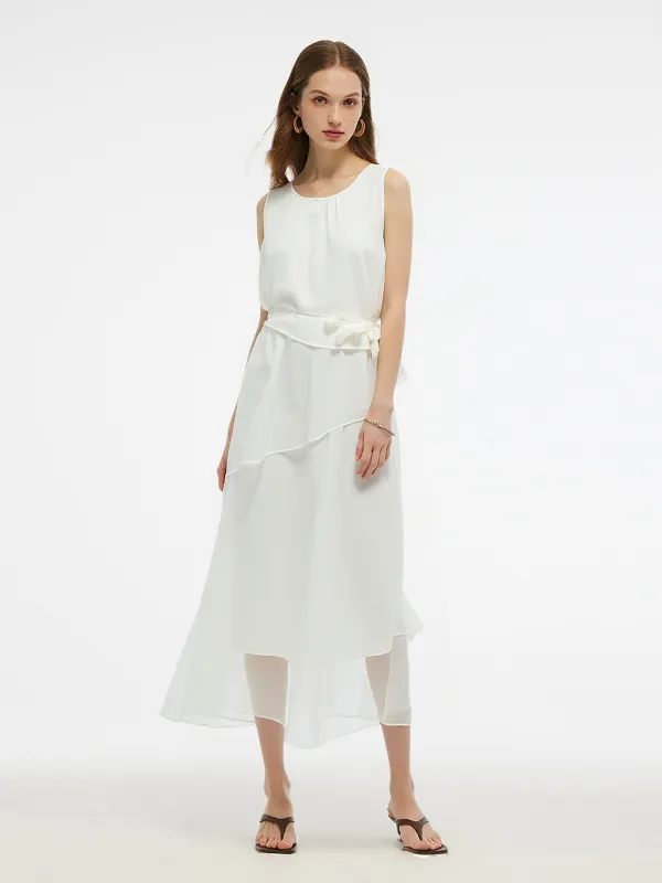 Tencel Blend Ruffle Women Tiered Sleeveless Midi Dress sold by Goelia