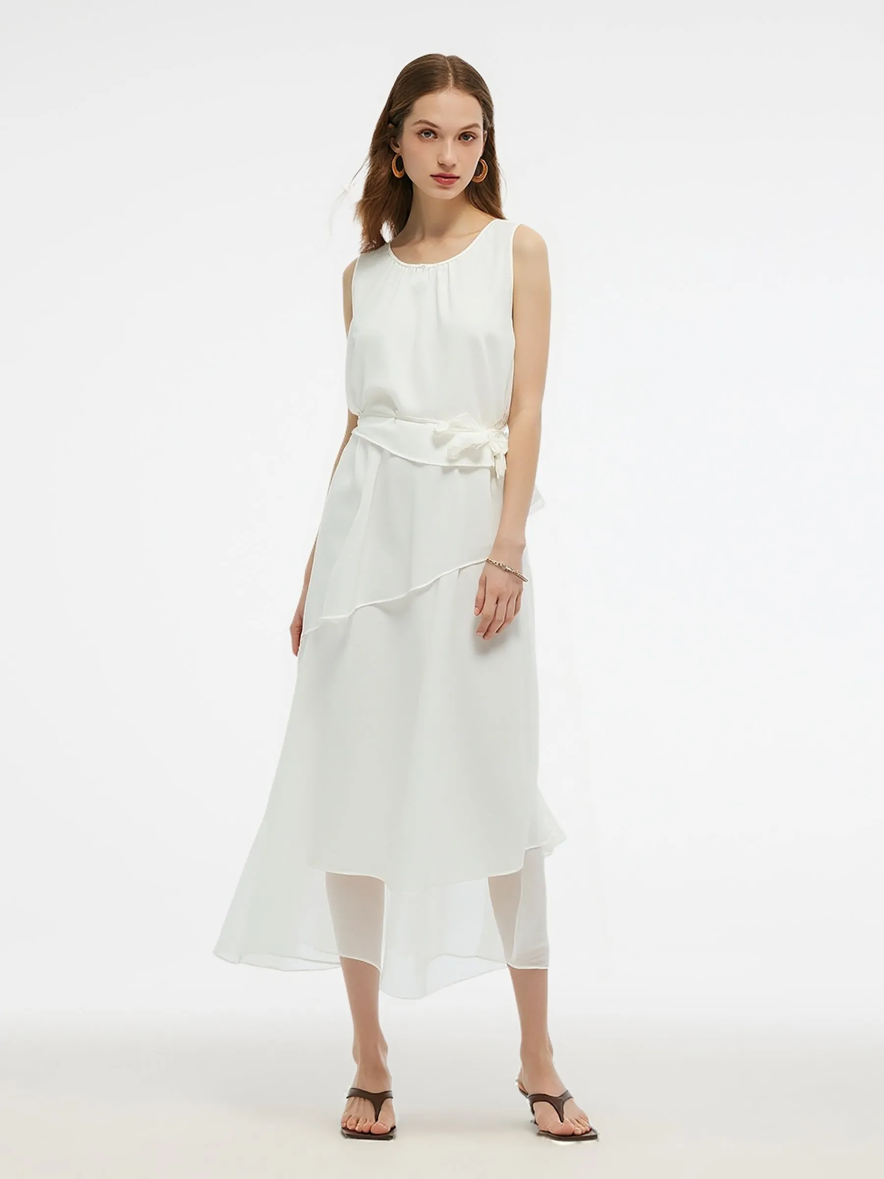 Tencel Blend Ruffle Women Tiered Sleeveless Midi Dress sold by Goelia