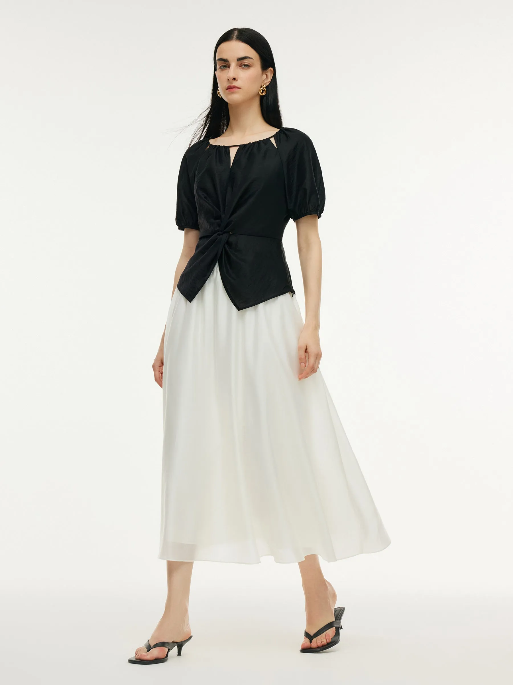 Tencel Blend Twist Front Top And A-Line Skirt Two-Piece Set sold by Goelia product image thumbnail 2