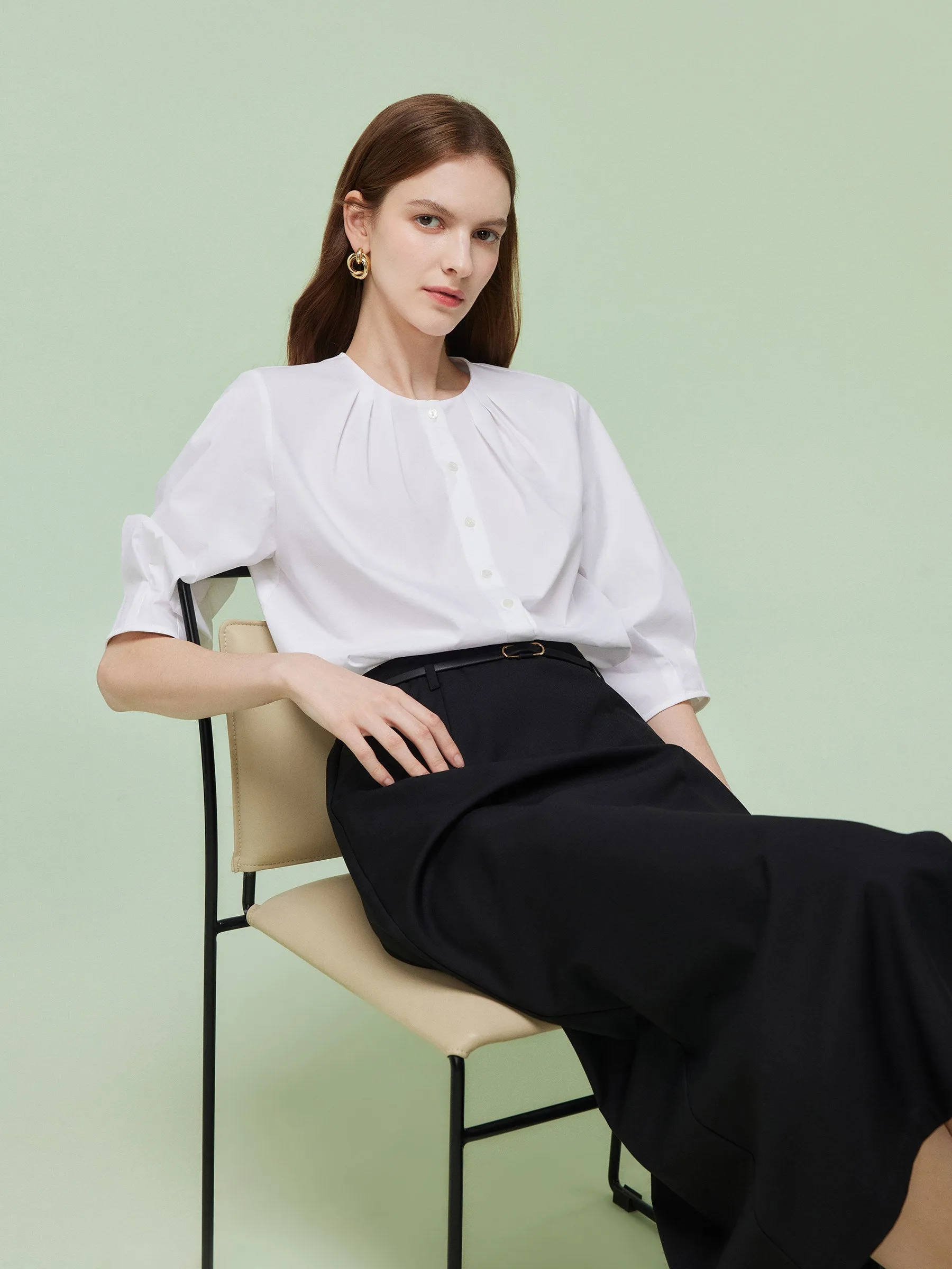 3/4 Sleeve Shirt And Front Slit Skirt Two-Piece Set With Leather Belt sold by Goelia product image thumbnail 5