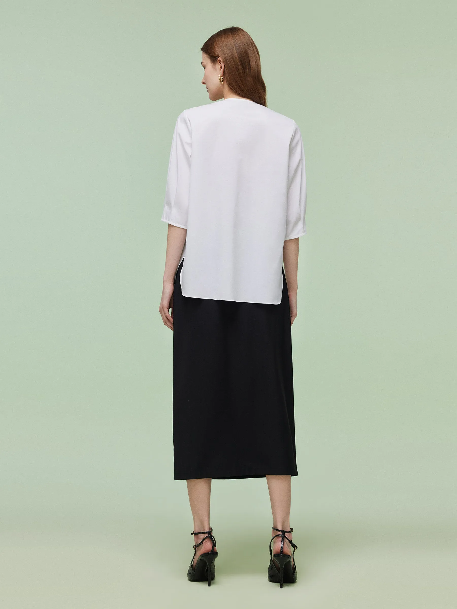 3/4 Sleeve Shirt And Front Slit Skirt Two-Piece Set With Leather Belt sold by Goelia product image thumbnail 3