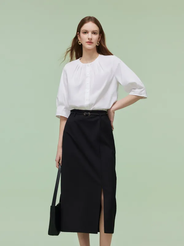 3/4 Sleeve Shirt And Front Slit Skirt Two-Piece Set With Leather Belt sold by Goelia