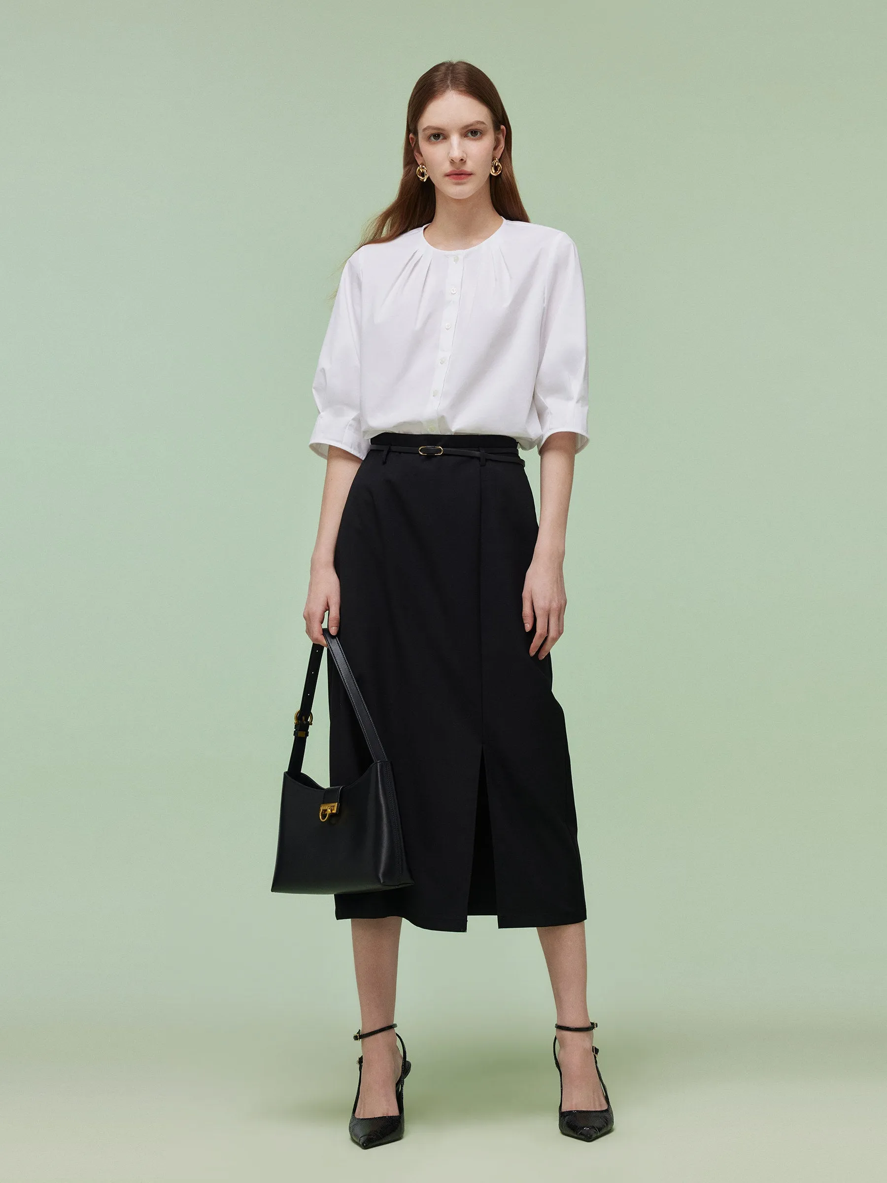 3/4 Sleeve Shirt And Front Slit Skirt Two-Piece Set With Leather Belt sold by Goelia product image thumbnail 2