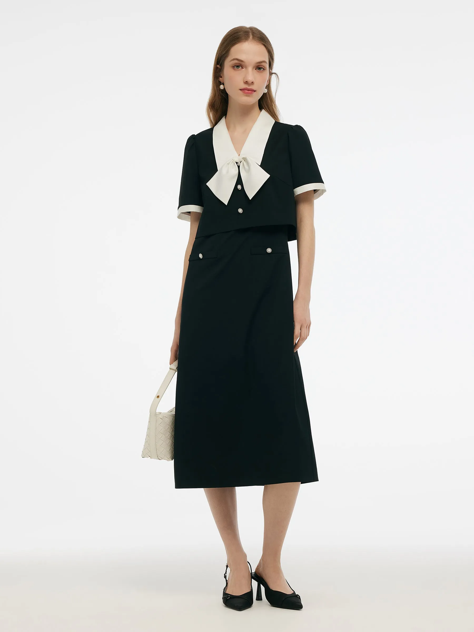 Faux Two-Piece Women Midi Dress With Detachable Bowknot sold by Goelia