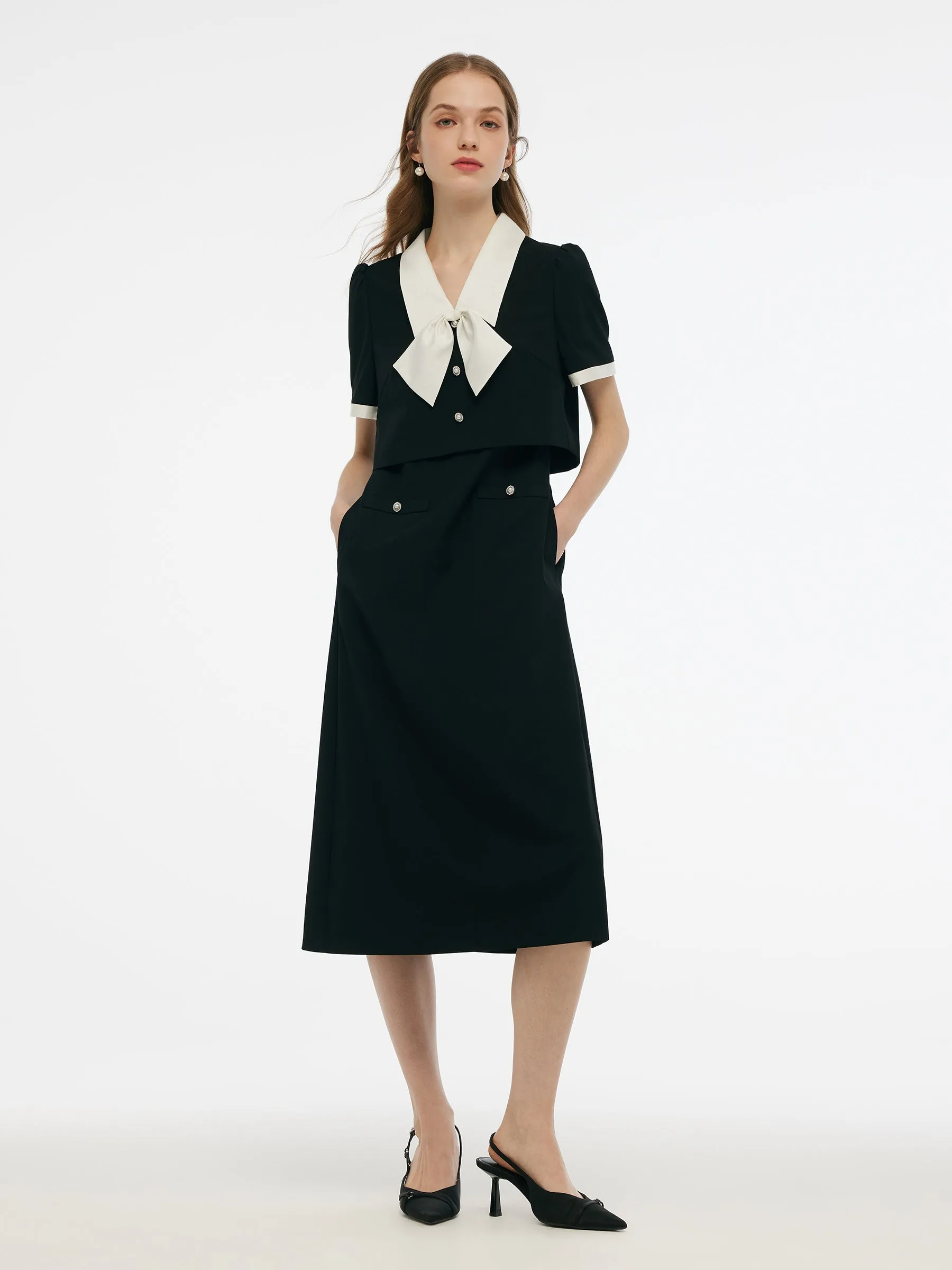 Faux Two-Piece Women Midi Dress With Detachable Bowknot sold by Goelia product image thumbnail 2