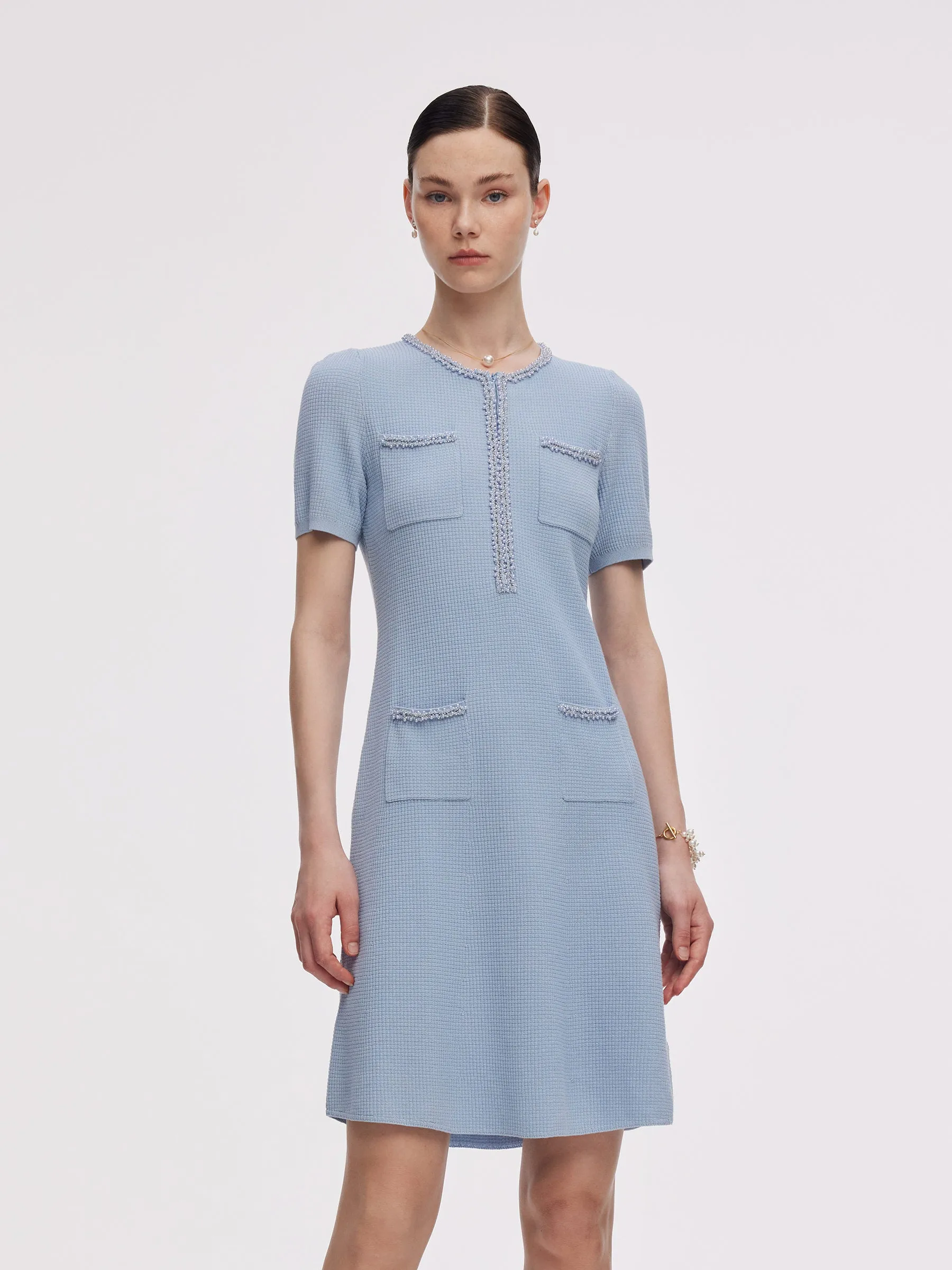 100% Cotton Half-Zip Women Beaded Round Neck Mini Dress sold by Goelia