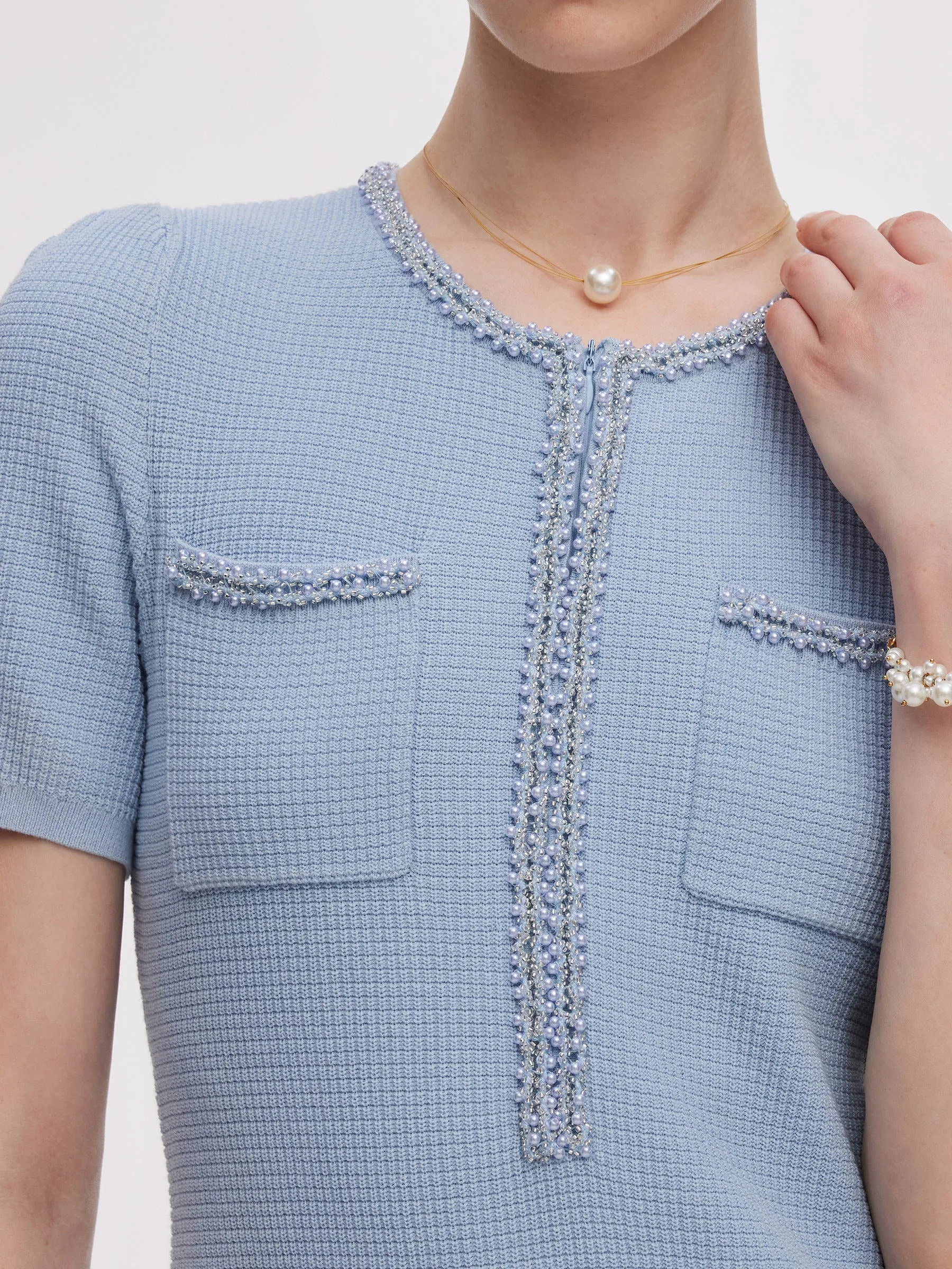 100% Cotton Half-Zip Women Beaded Round Neck Mini Dress sold by Goelia product image thumbnail 5