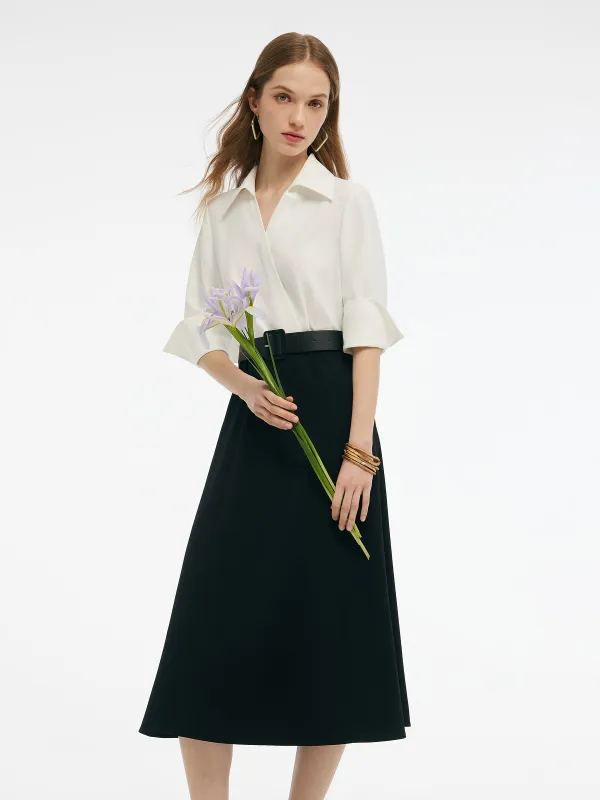 Faux Two-Piece Color Block Women Midi Dress With Leather Belt sold by Goelia