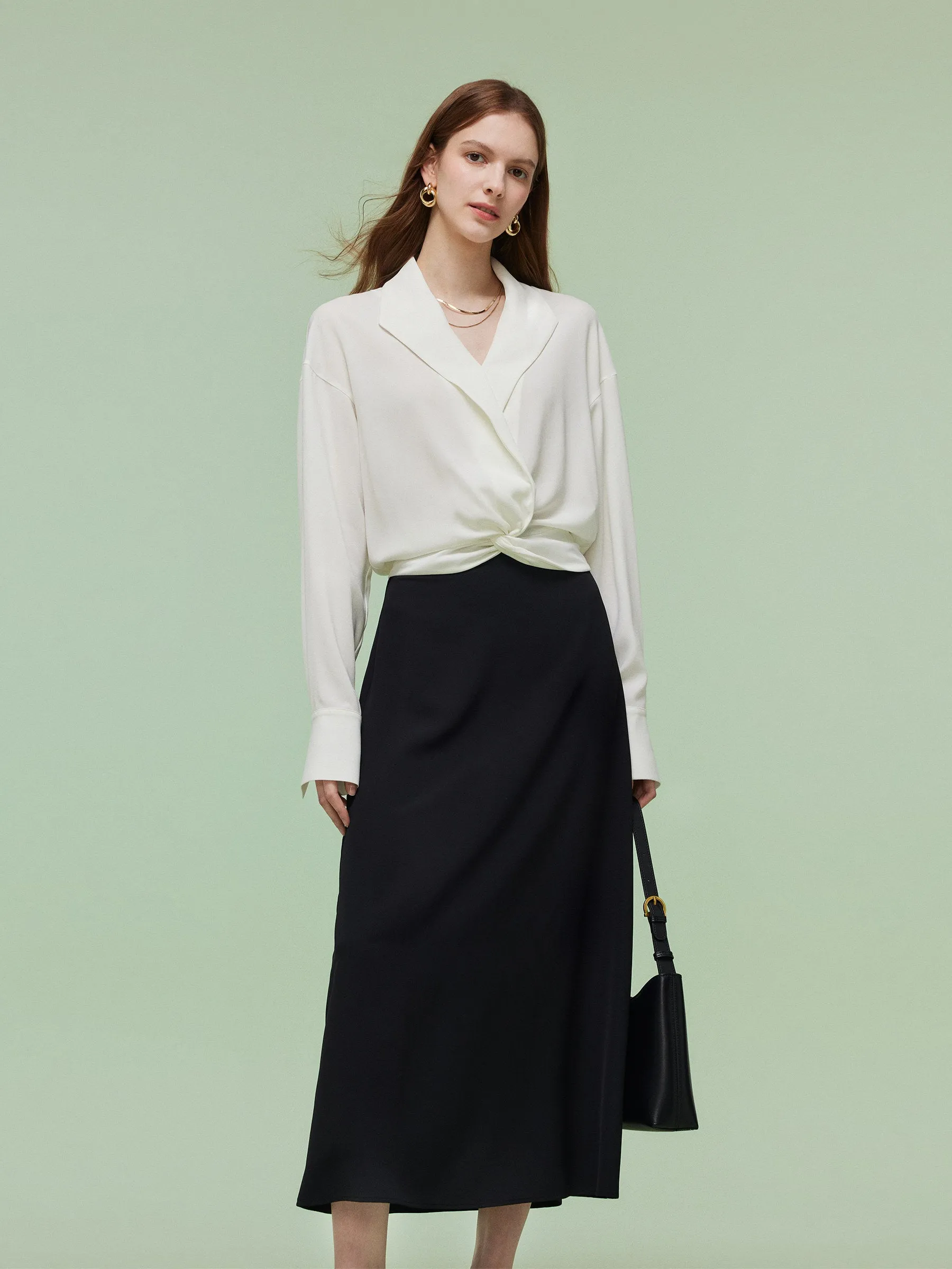 Acetate Blend Twist Front Blouse And Skirt Two-Piece Set sold by Goelia