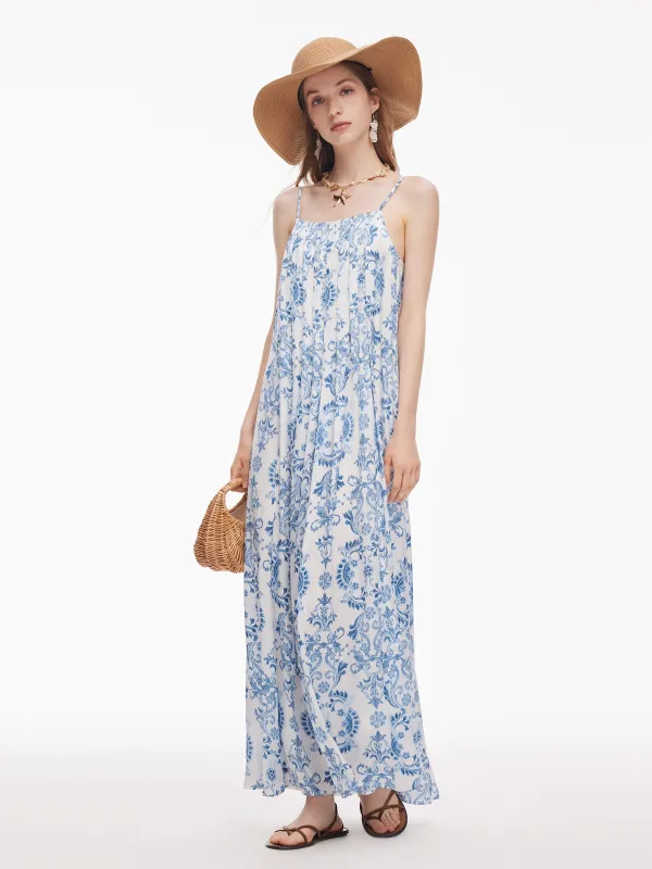 Floral Print Pleated Women Adjustable Straps Maxi Dress sold by Goelia