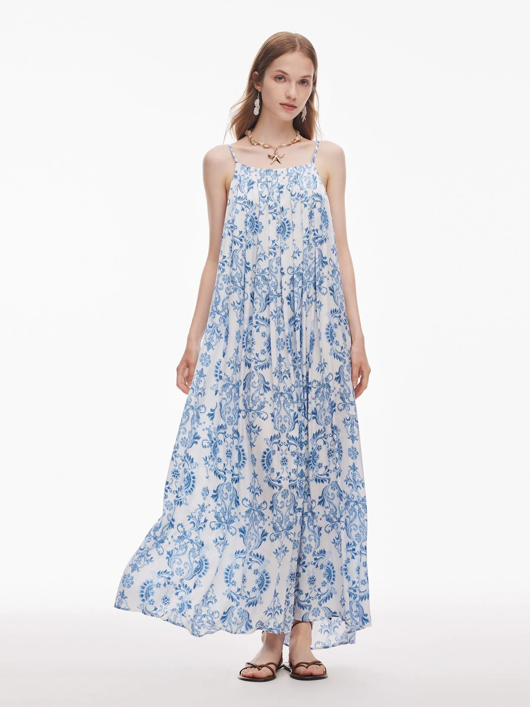 Floral Print Pleated Women Adjustable Straps Maxi Dress sold by Goelia product image thumbnail 2