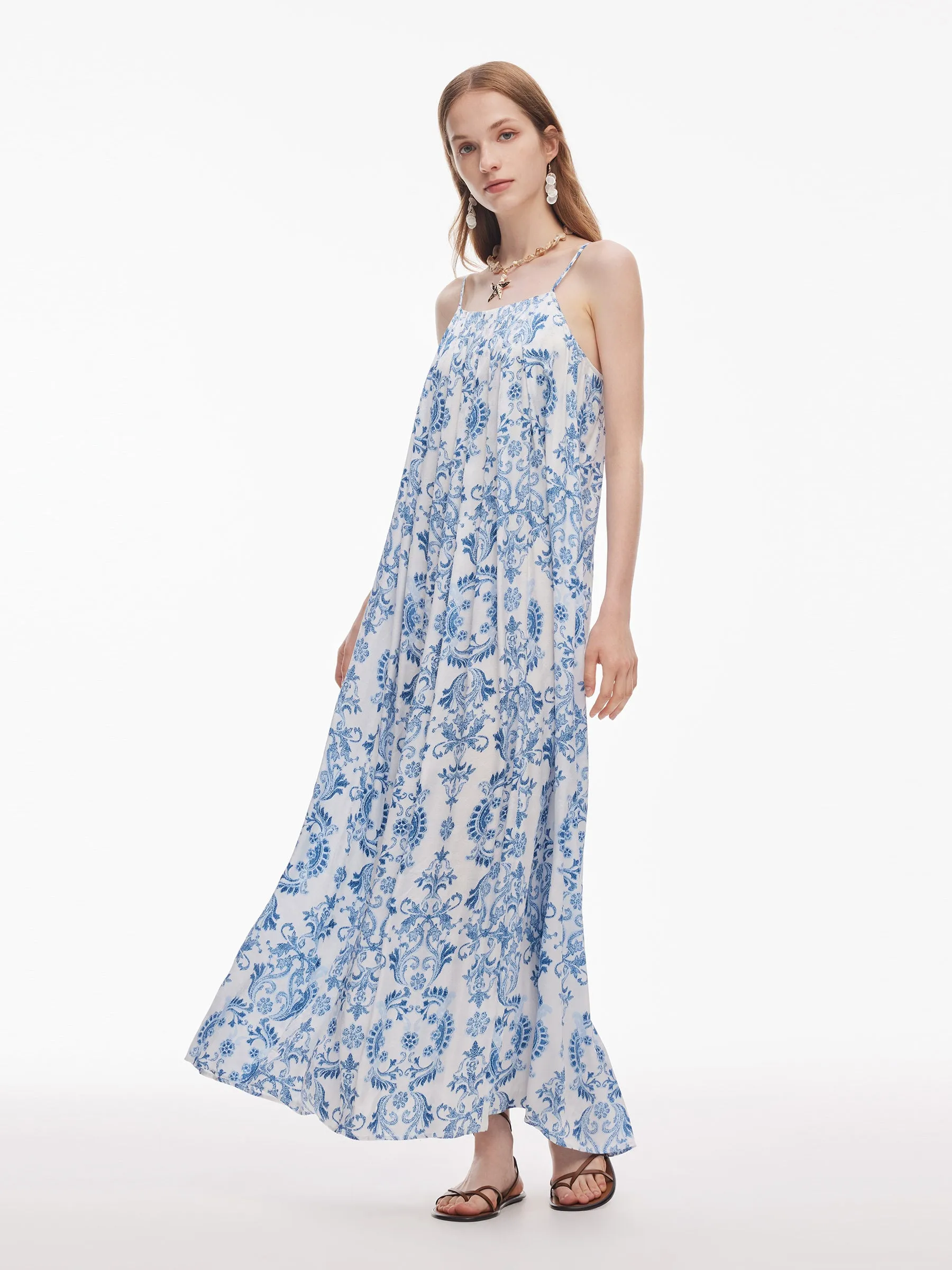Floral Print Pleated Women Adjustable Straps Maxi Dress sold by Goelia product image thumbnail 4