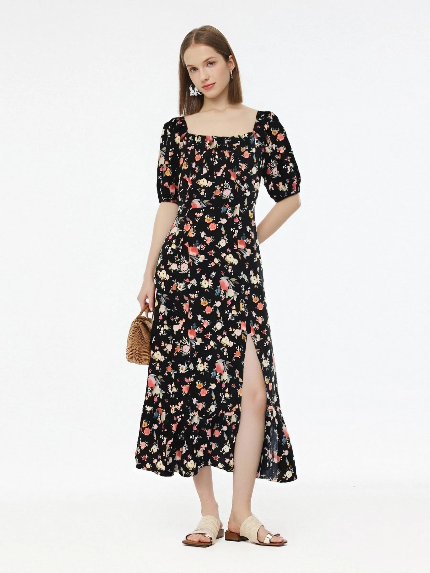 16MM Mulberry Silk Square Neck Women Side Slit Maxi Dress sold by Goelia