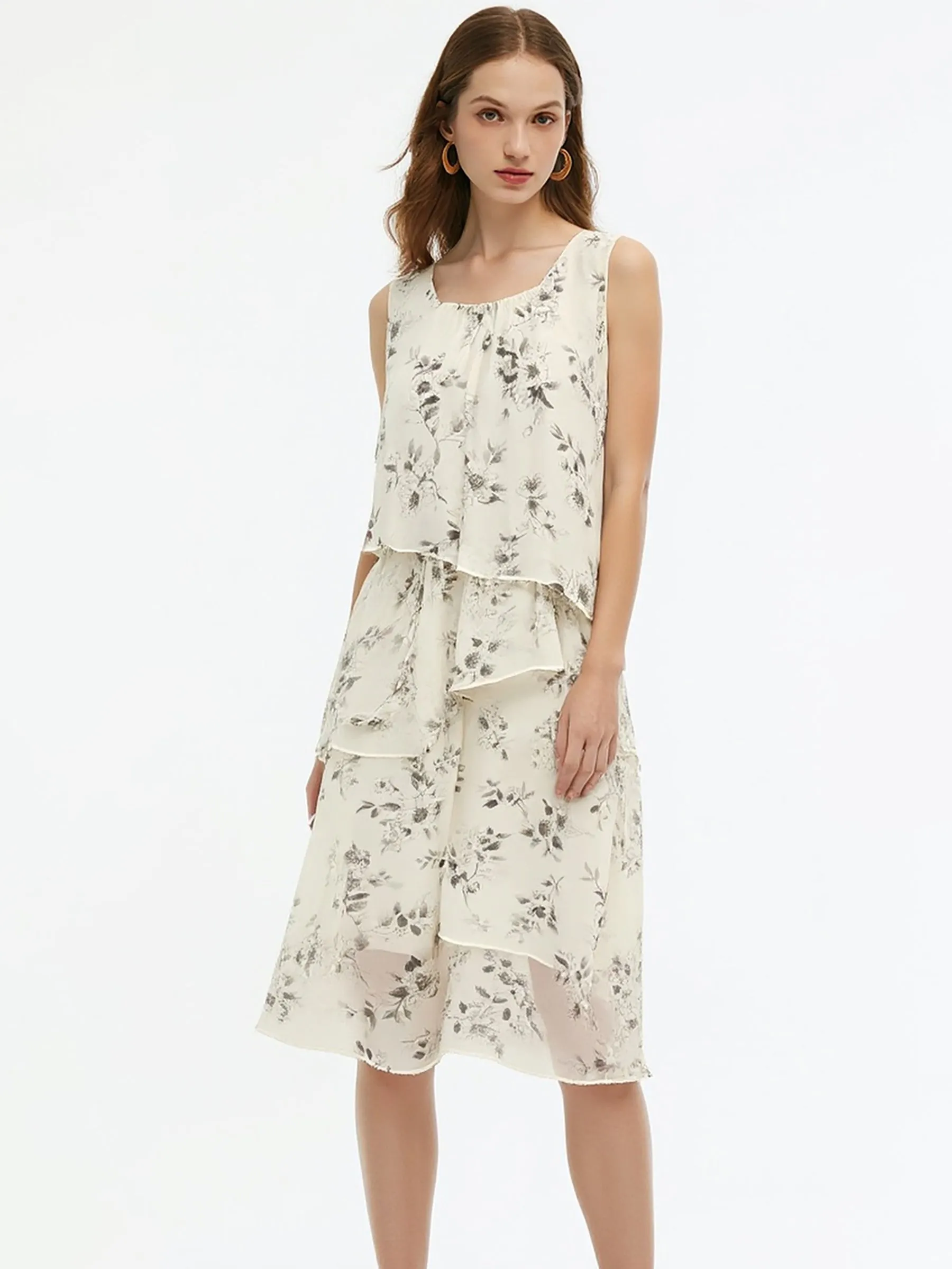 Floral Print Ruffle Women Tiered Sleeveless Midi Dress sold by Goelia