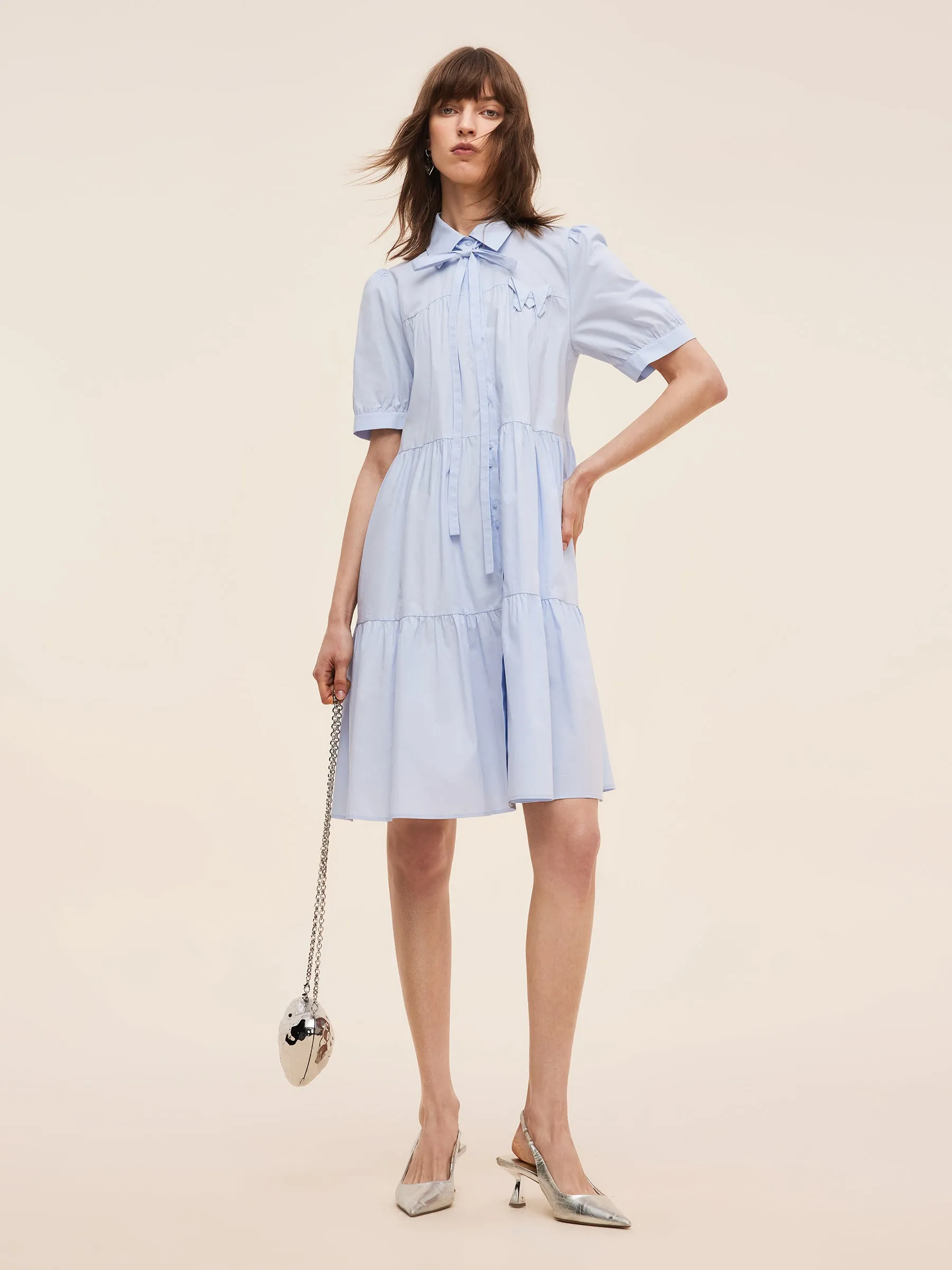 100% Cotton Women Puff Sleeve Mini Dress With Ribbon sold by Goelia product image thumbnail 2