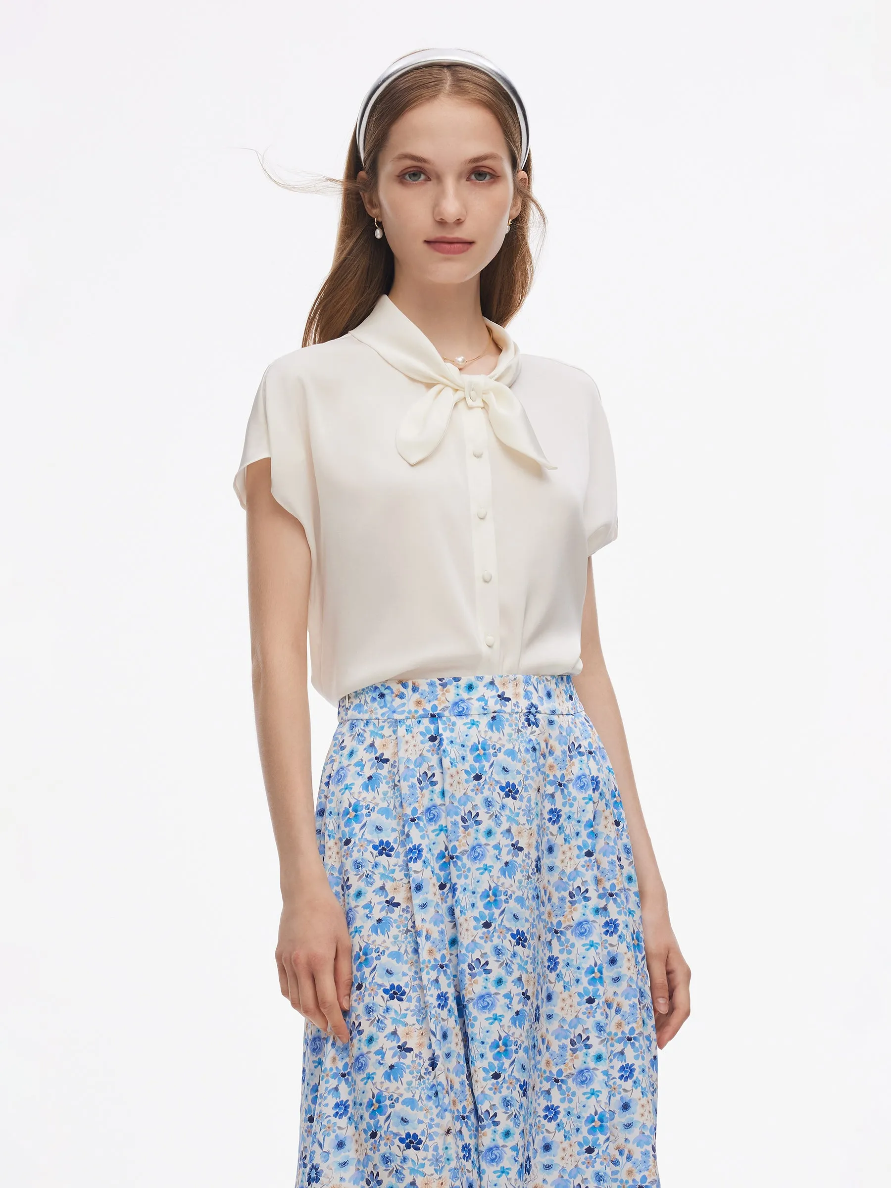 22MM Mulberry Silk Women Bow Tie Neck Shirt sold by Goelia