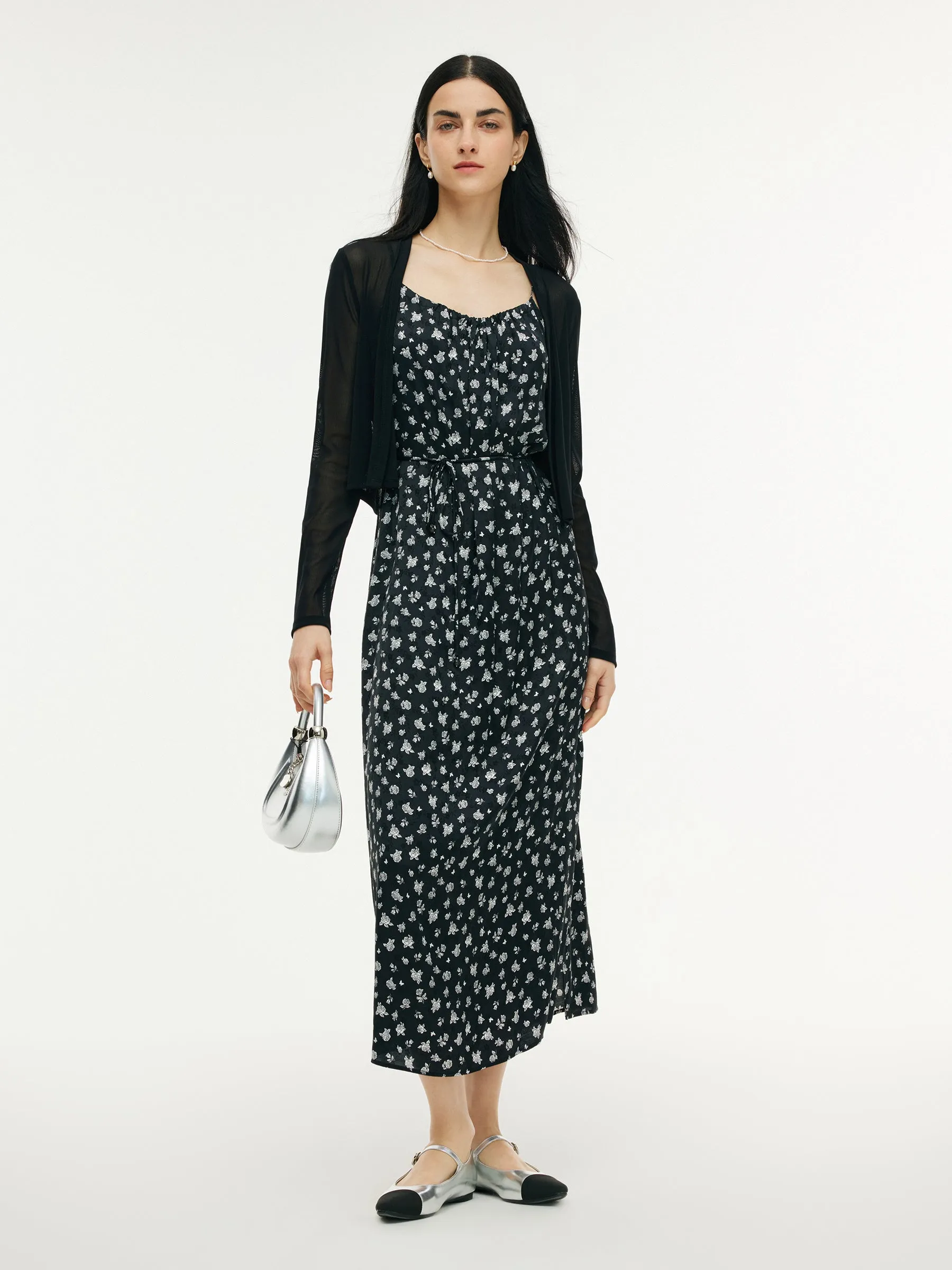 Floral Print Strap Side Slit Maxi Dress And Cardigan Two-Piece Set sold by Goelia