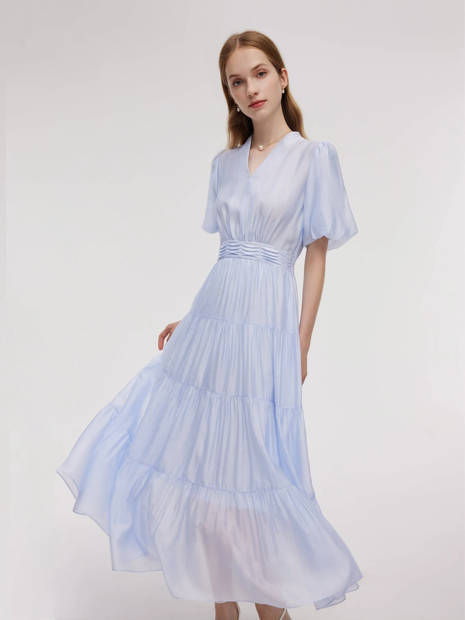 A-Line V-Neck Women Pleated Tiered Maxi Dress sold by Goelia product image thumbnail 5