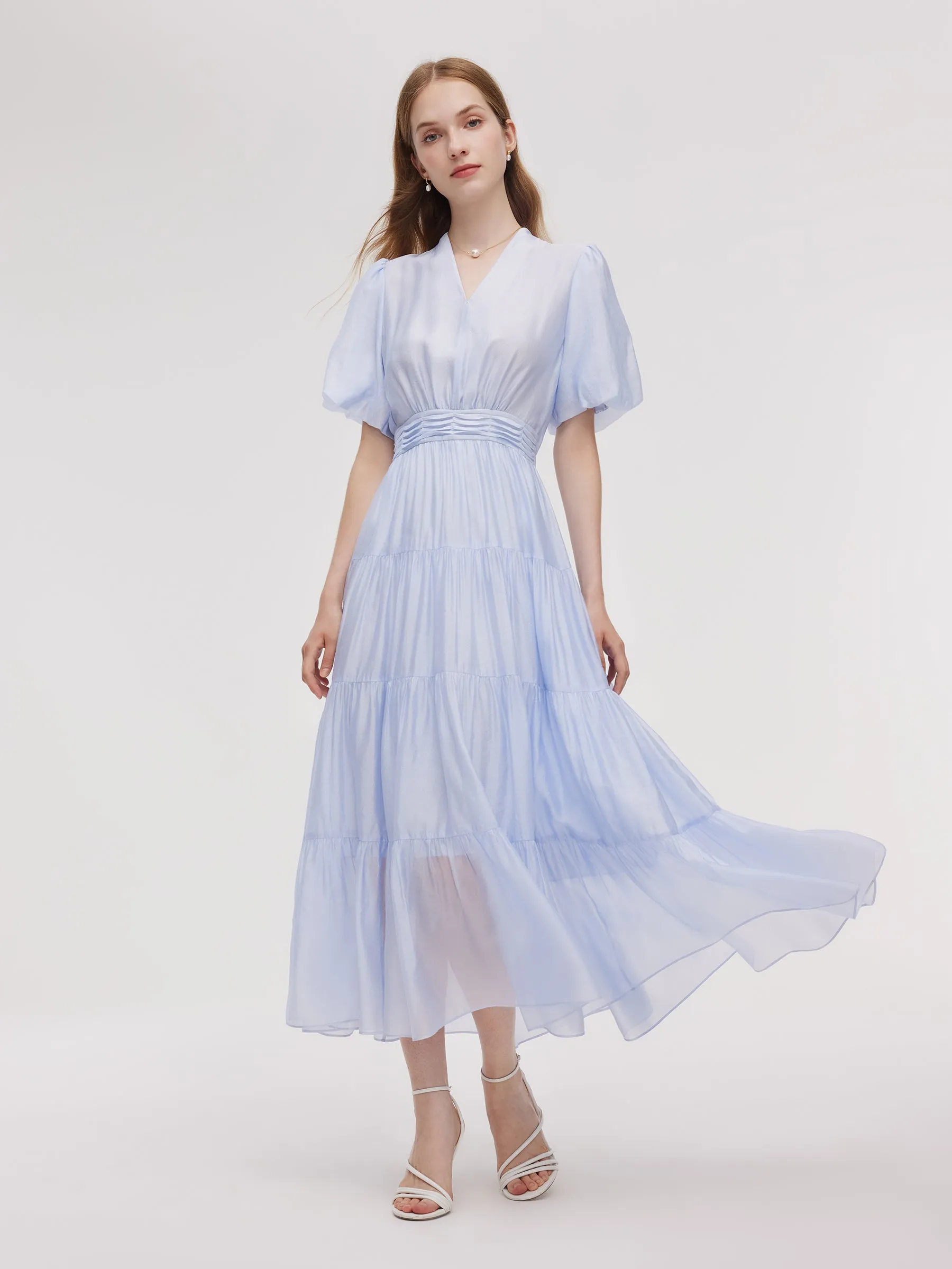 A-Line V-Neck Women Pleated Tiered Maxi Dress sold by Goelia