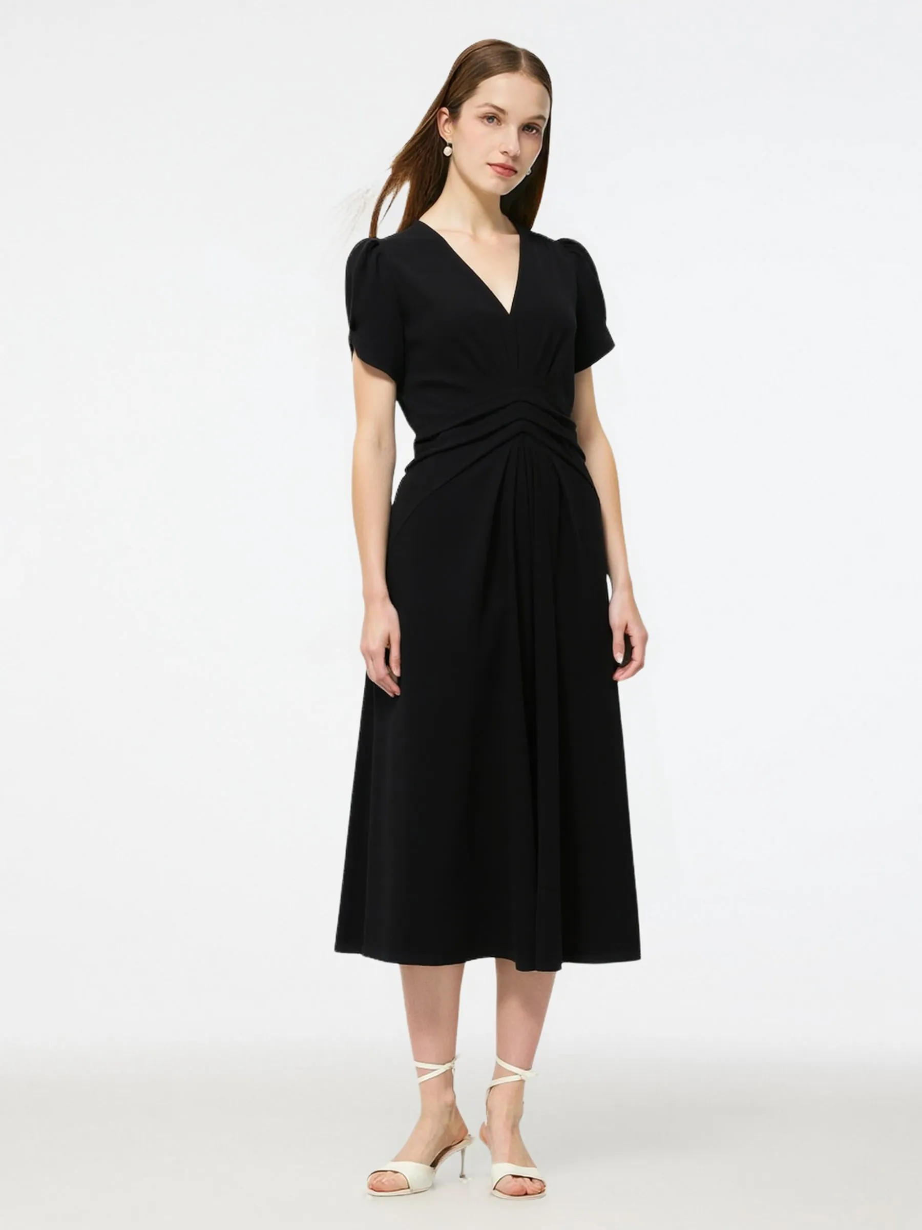 Pleated V-Neck Women Knit Maxi Dress sold by Goelia