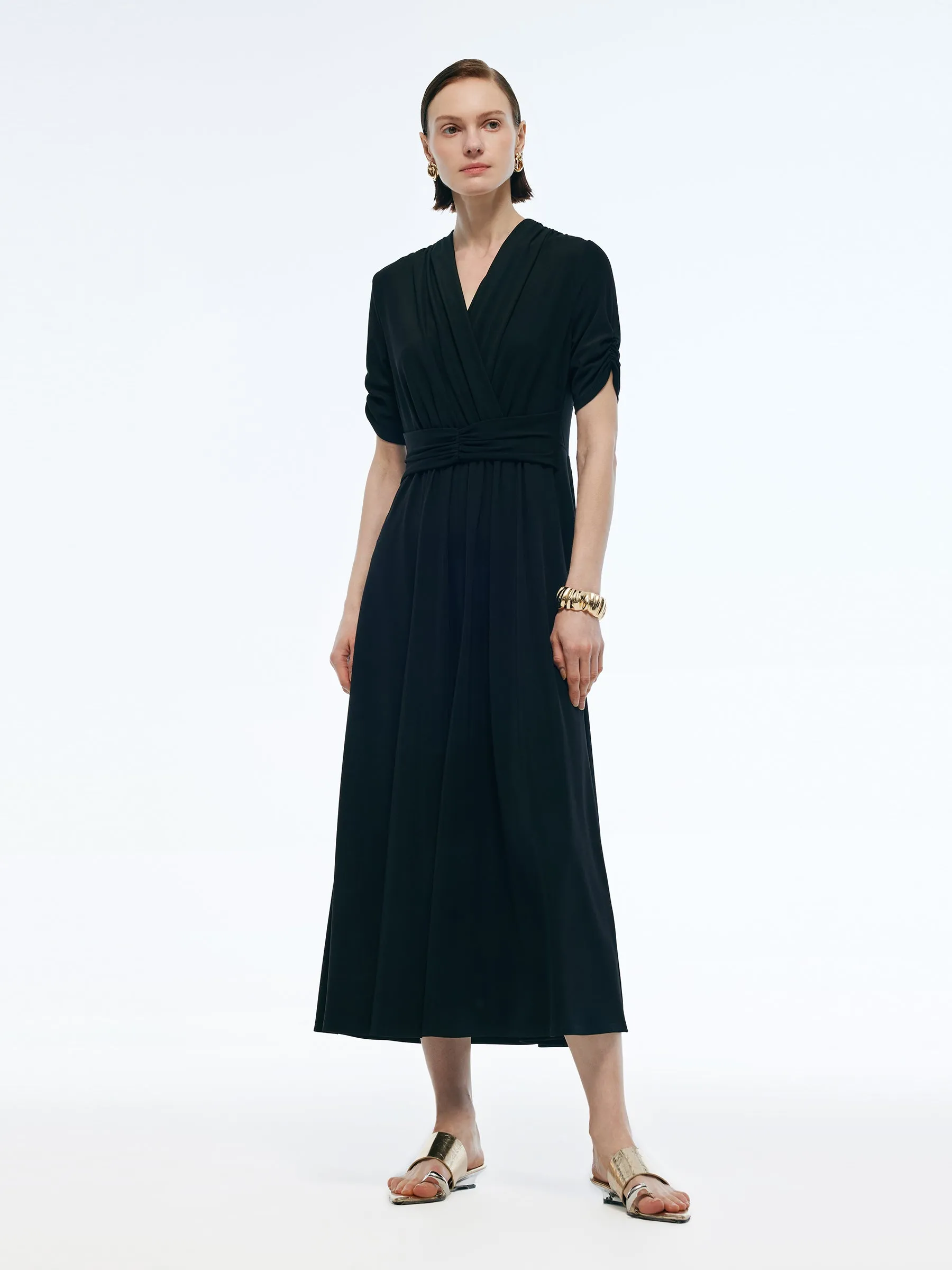 Acetate Blend V-Neck Women Pleat Front Maxi Dress sold by Goelia