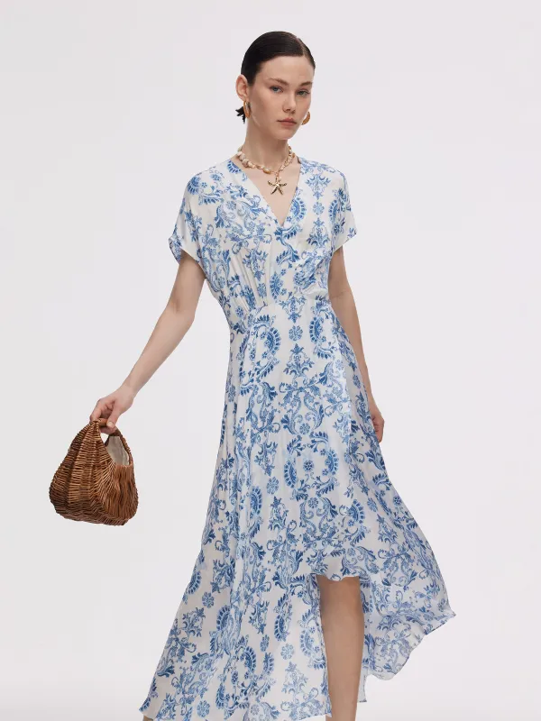 Floral Print Asymmetric Hem Women V-Neck Maxi Dress sold by Goelia