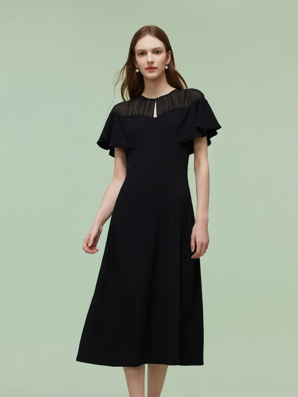 Acetate Blend Patchwork Women Sheer Shoulder Midi Dress sold by Goelia