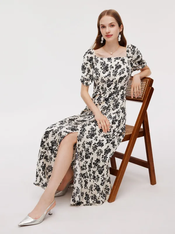 Floral Print Side Slit Women Smocked Back Maxi Dress made by Goelia