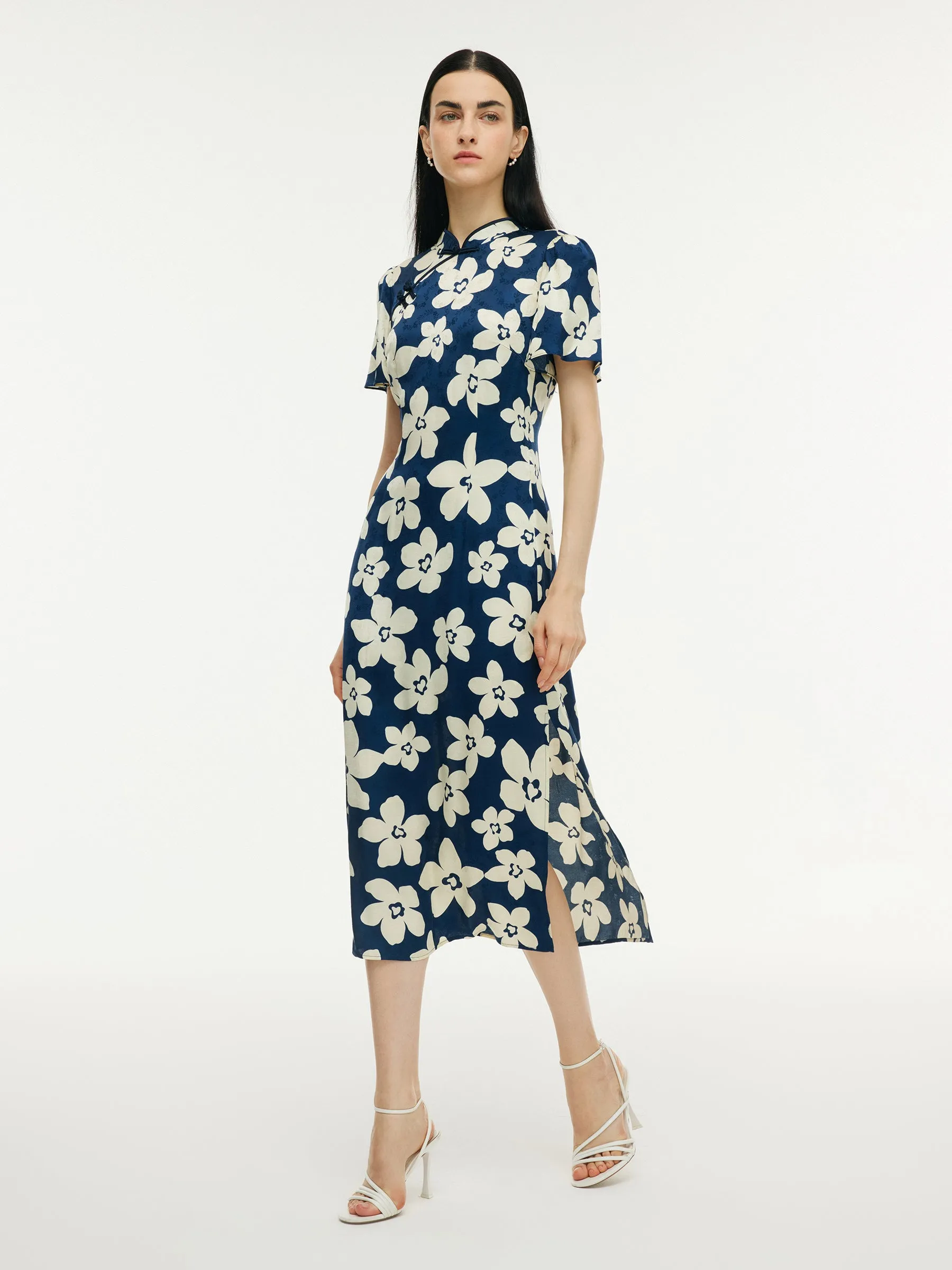 Floral Print Ruffle Sleeve Women Qipao Midi Dress sold by Goelia product image thumbnail 3