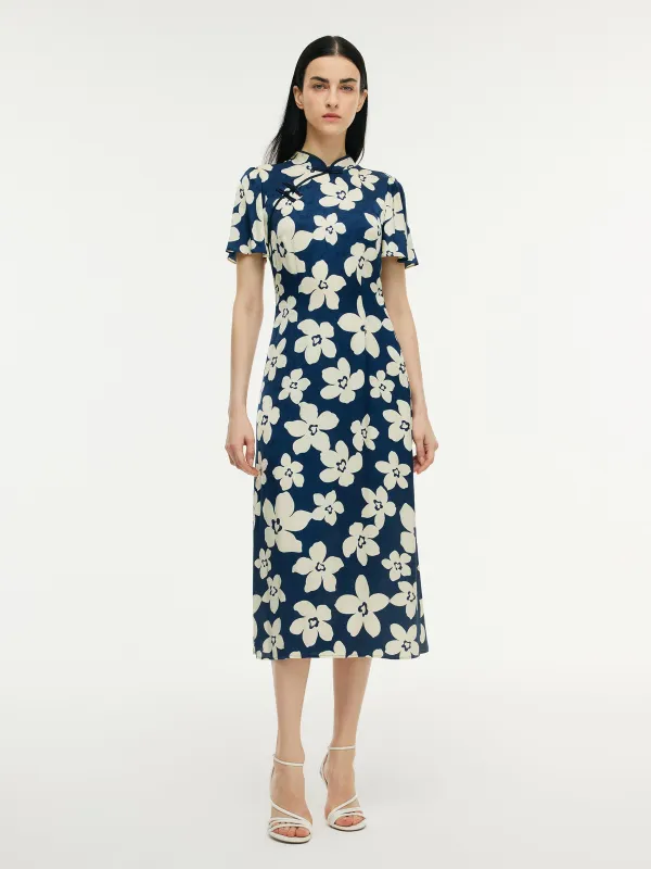 Floral Print Ruffle Sleeve Women Qipao Midi Dress sold by Goelia