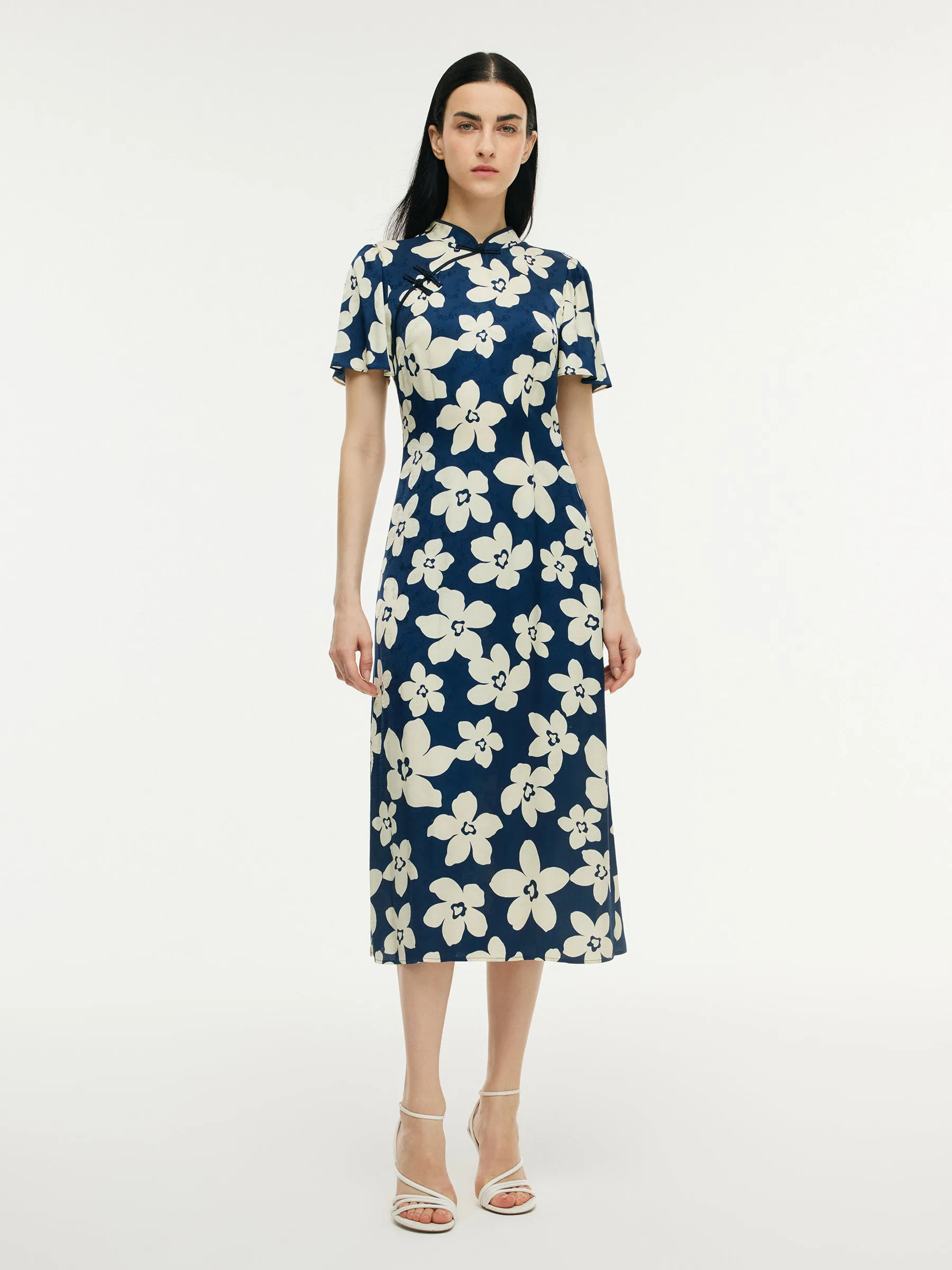 Floral Print Ruffle Sleeve Women Qipao Midi Dress sold by Goelia