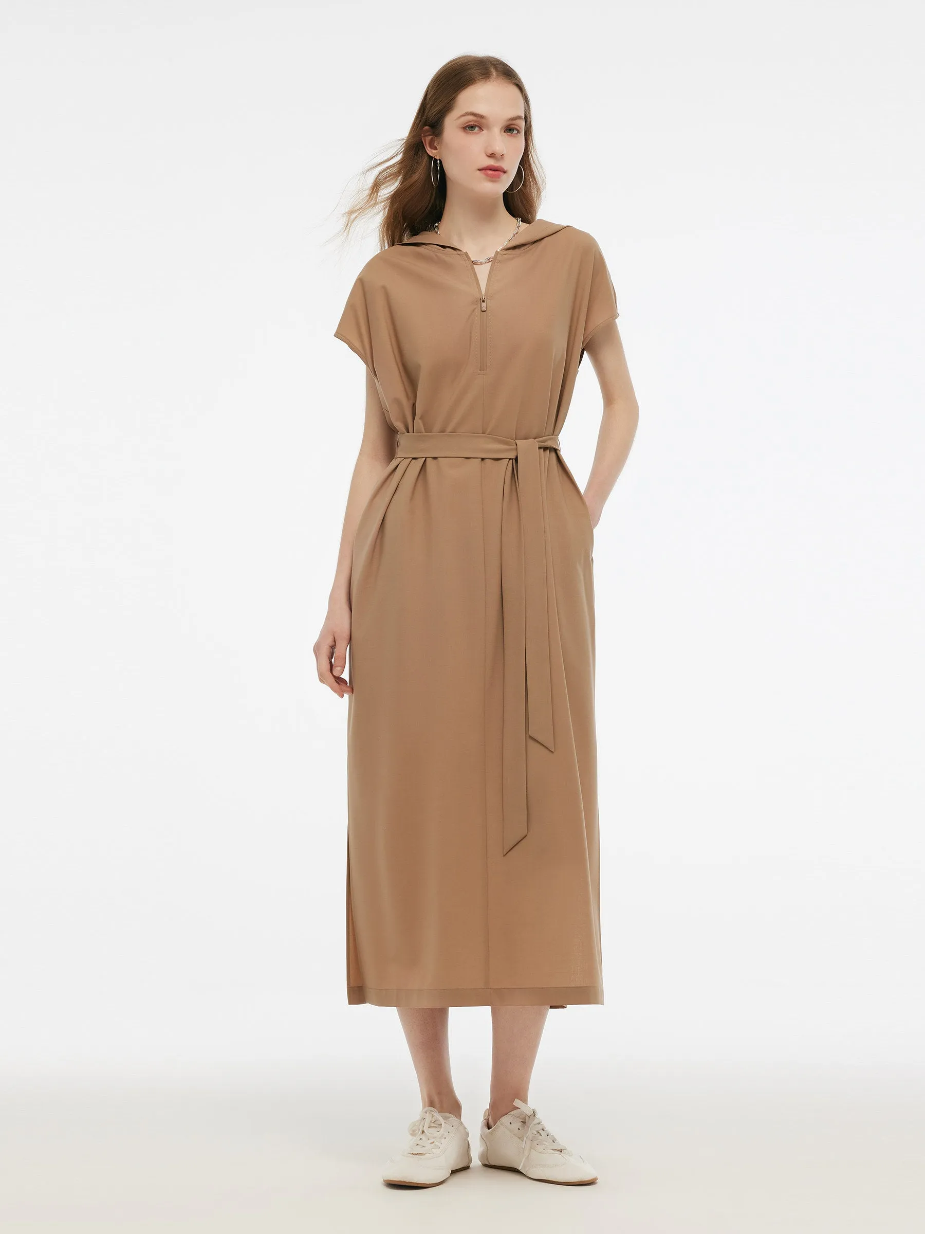 Worsted Wool Blend Women Hooded Belted Maxi Dress sold by Goelia