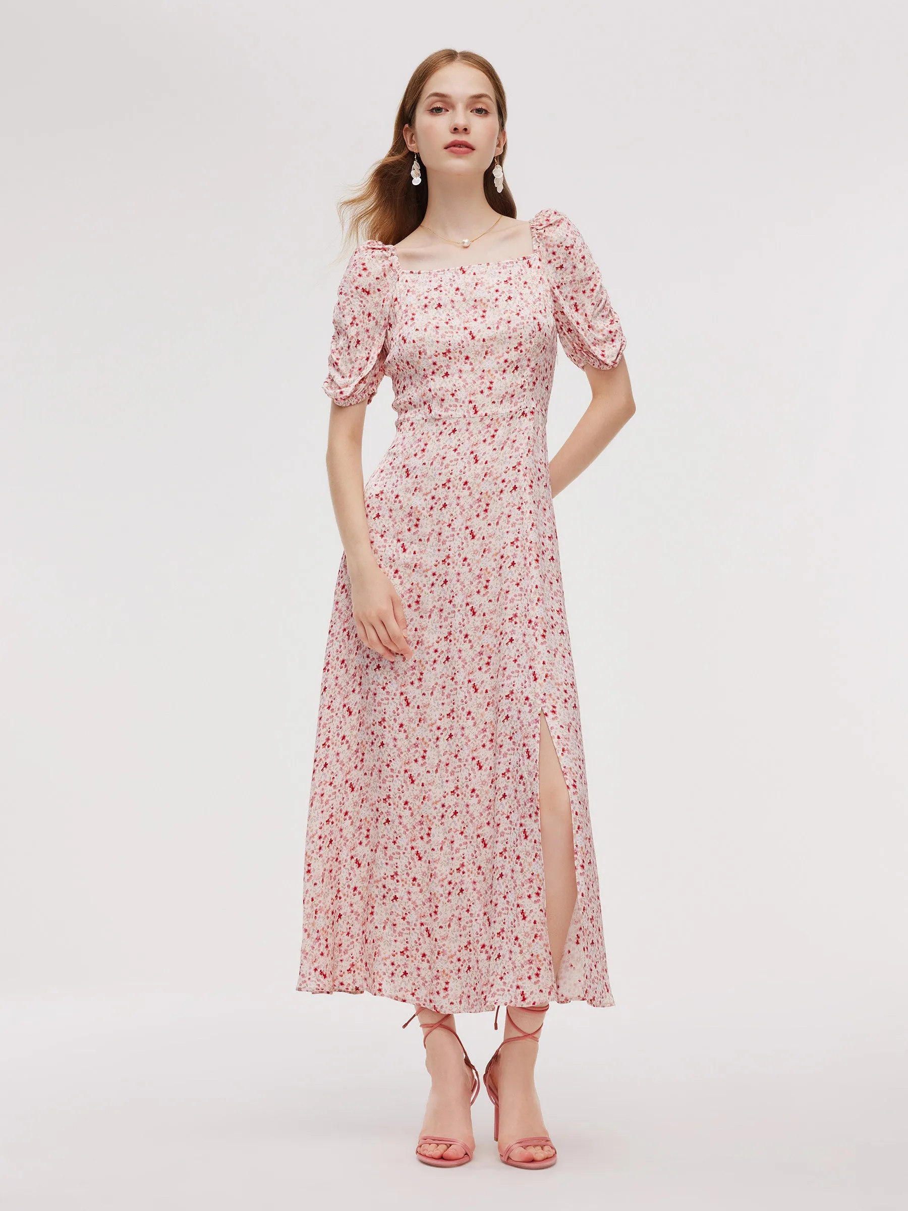 Floral Print Side Slit Women Ruched Sleeve Maxi Dress sold by Goelia product image thumbnail 4