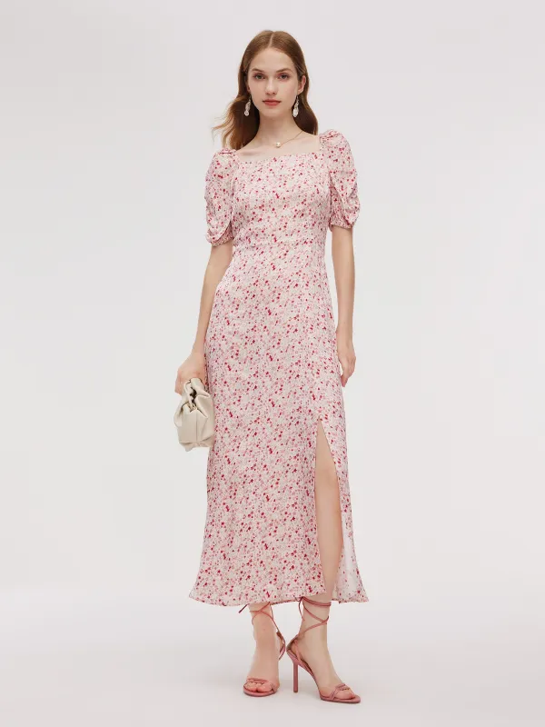 Floral Print Side Slit Women Ruched Sleeve Maxi Dress sold by Goelia