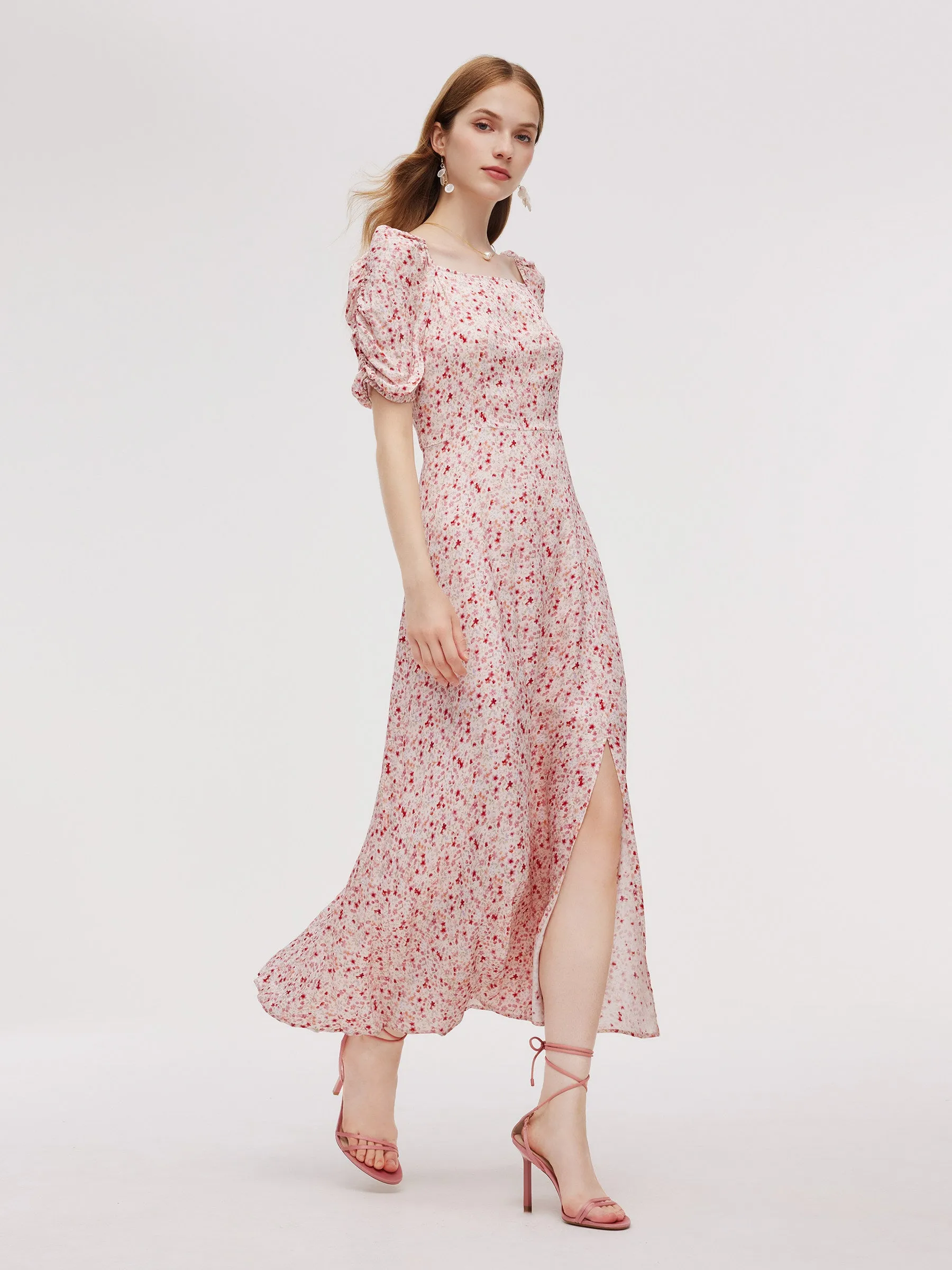 Floral Print Side Slit Women Ruched Sleeve Maxi Dress sold by Goelia product image thumbnail 2