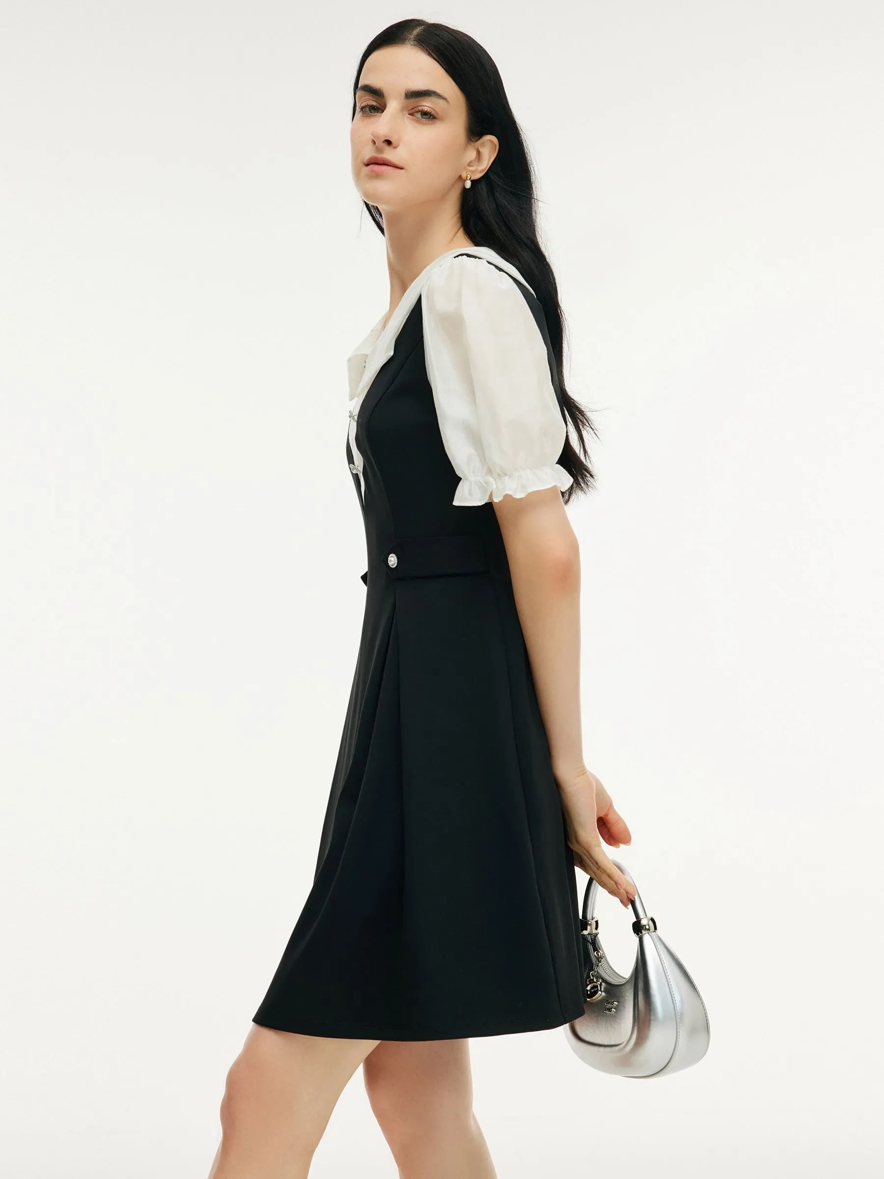 Faux-Layered A-Line Women Puff Sleeve Knit Mini Dress sold by Goelia product image thumbnail 5