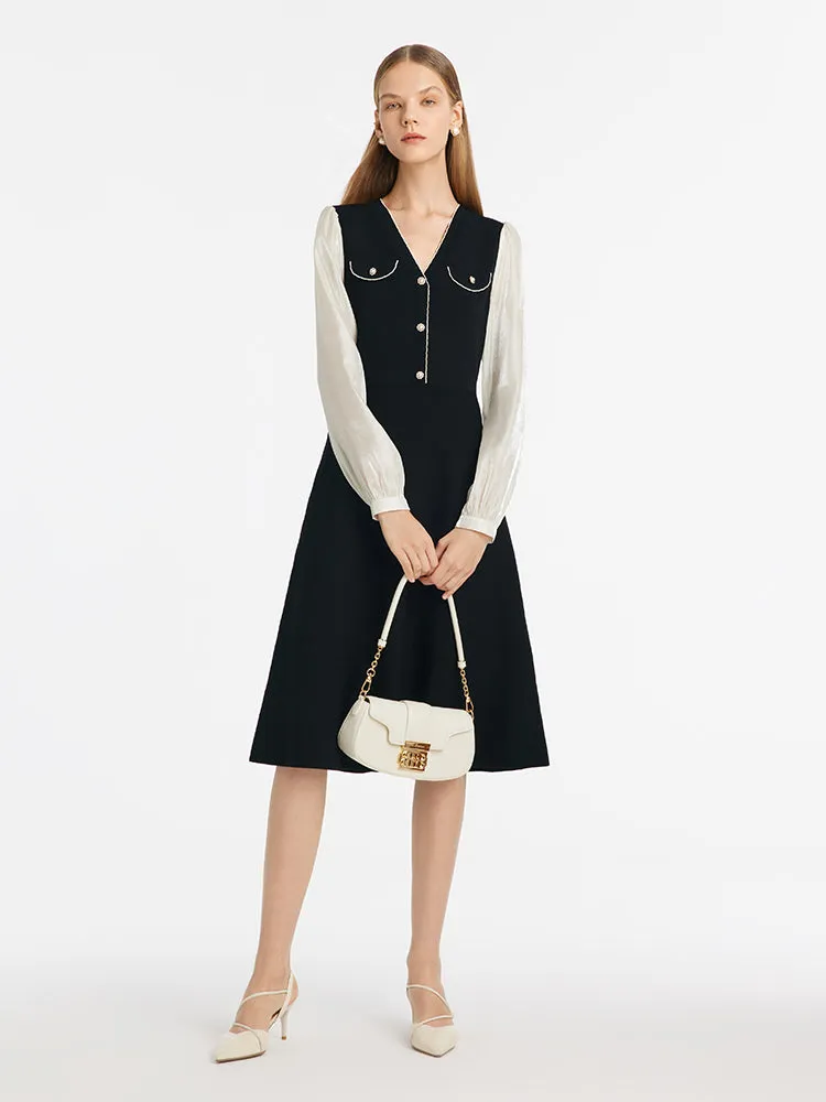 Knitted Patchwork V-Neck Women Midi Dress sold by Goelia product image thumbnail 2