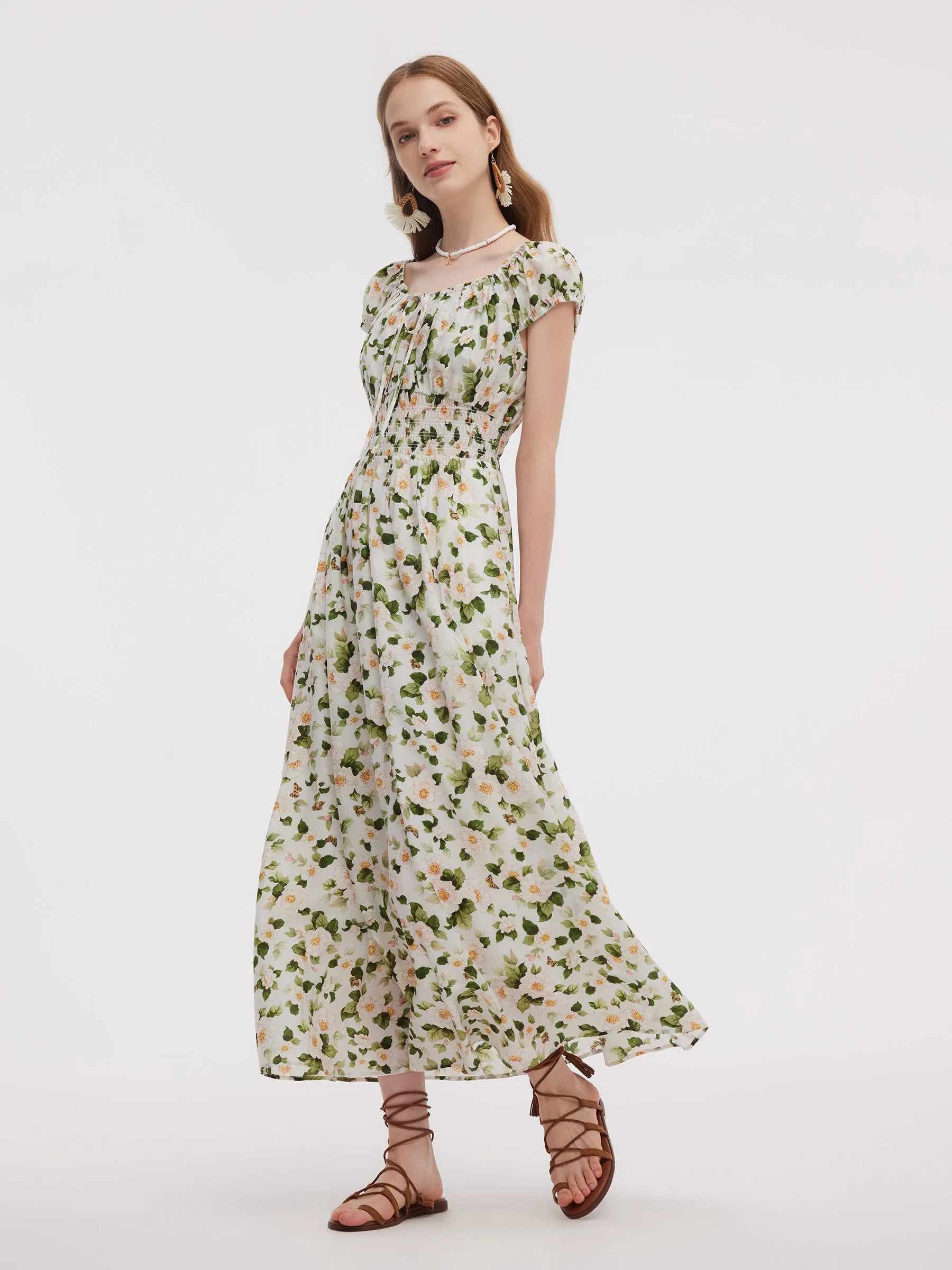 Acetate Blend Floral Print Adjustable Drawstring Neckline Women Maxi Dress sold by Goelia product image thumbnail 4