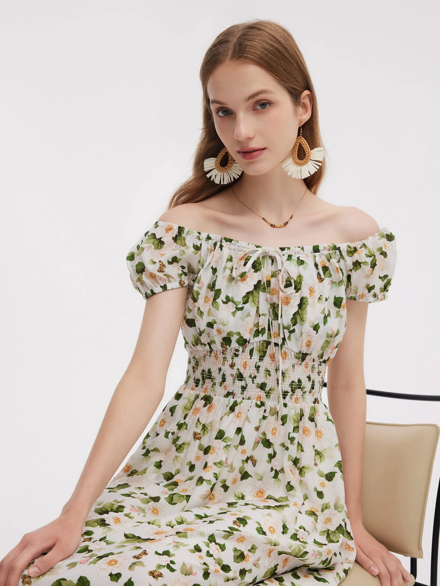 Acetate Blend Floral Print Adjustable Drawstring Neckline Women Maxi Dress sold by Goelia product image thumbnail 5