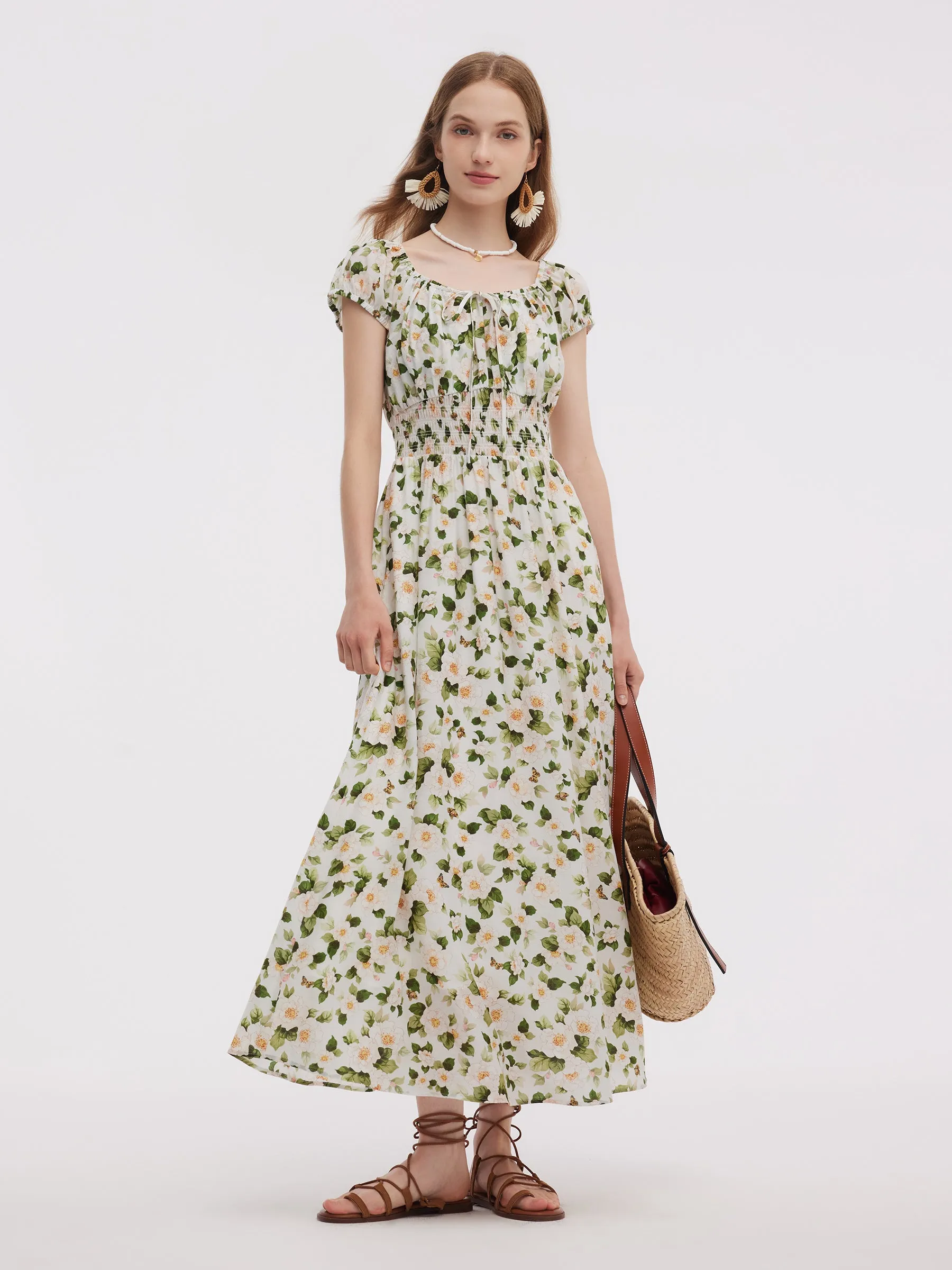 Acetate Blend Floral Print Adjustable Drawstring Neckline Women Maxi Dress sold by Goelia